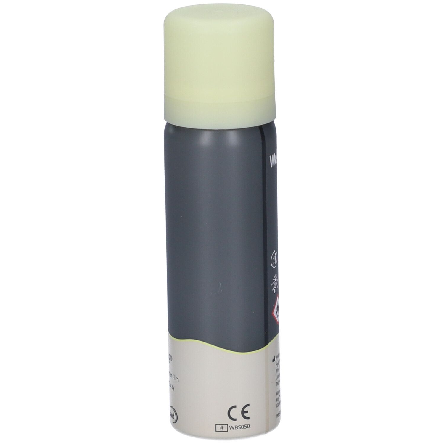 Flacone spray grigio con tappo verde chiaro. Scritta: Welland. Pittogrammi e marchio CE.