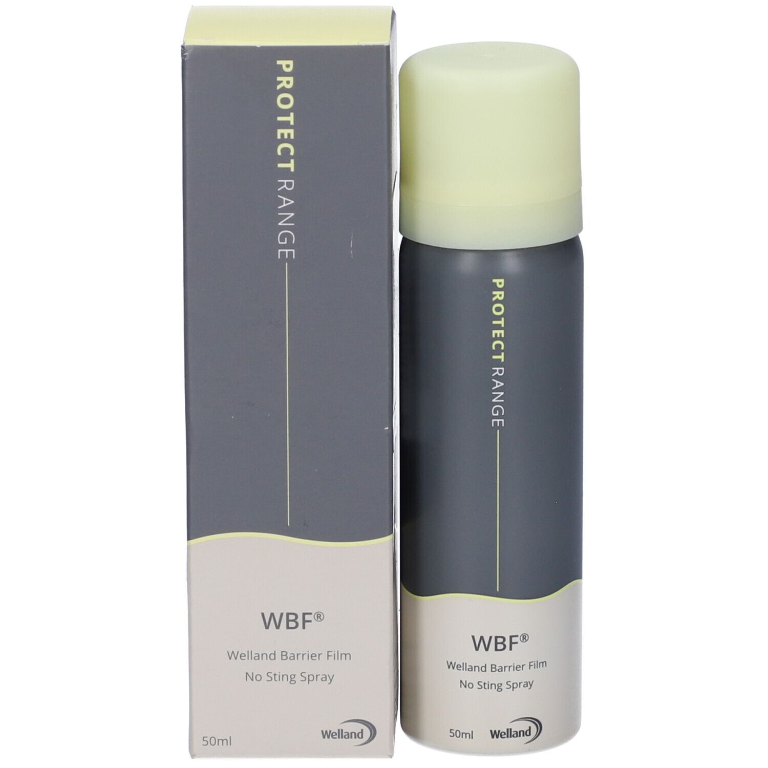 Prodotto e confezione. Flacone spray grigio con tappo verde chiaro e scatola. Scritta: PROTECT RANGE, WBF, Welland.