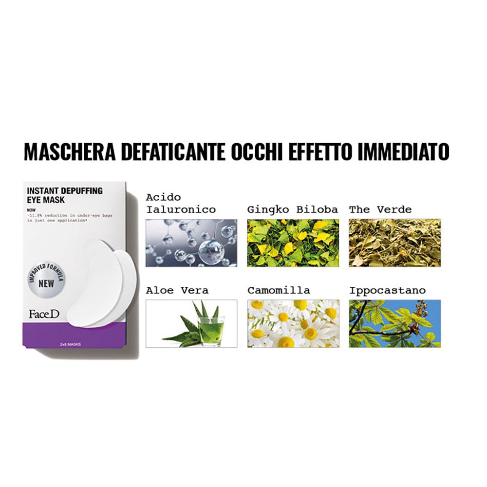 Confezione di maschere per gli occhi e ingredienti. Marchio Face D. Contiene acido ialuronico, aloe vera, camomilla.