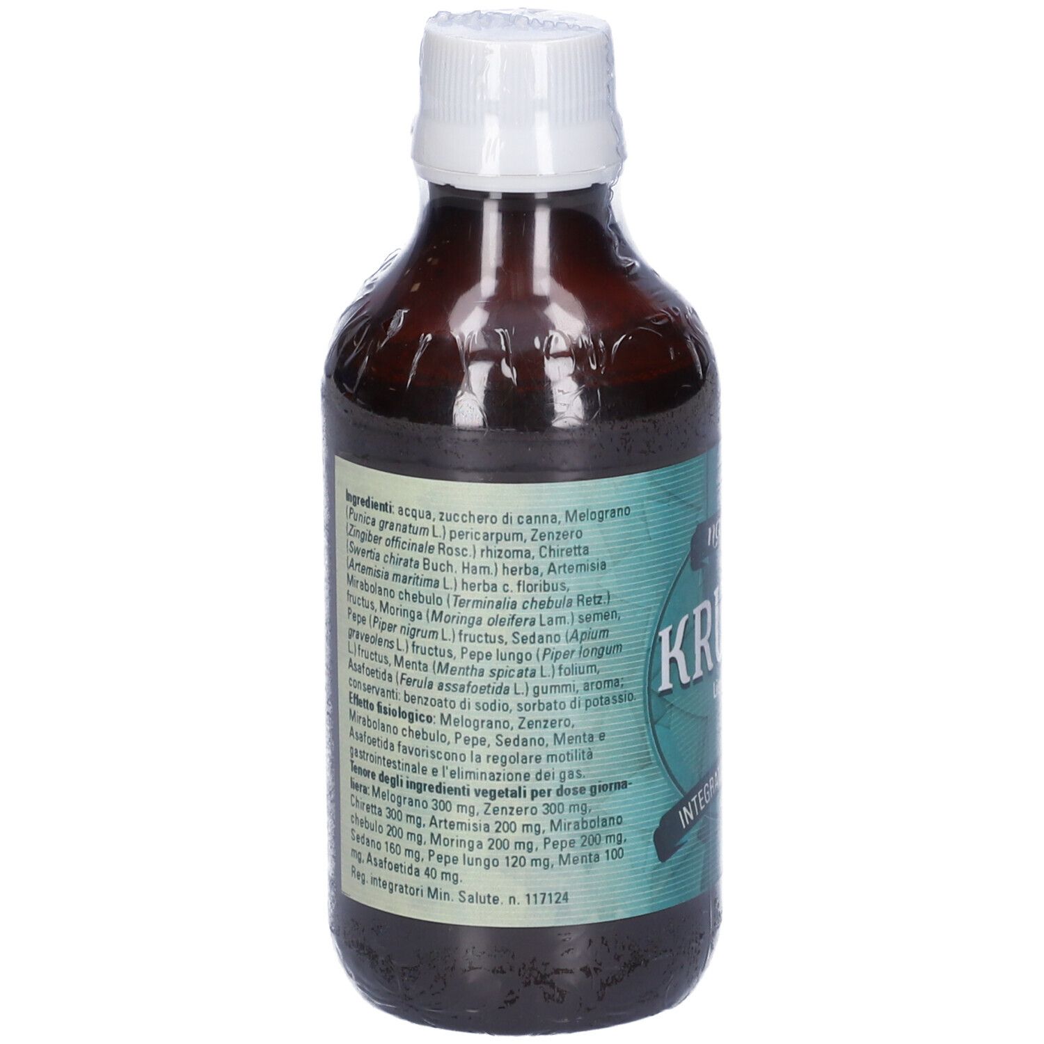 Retro della bottiglia. Etichetta turchese con elenco ingredienti. Liquido marrone visibile.