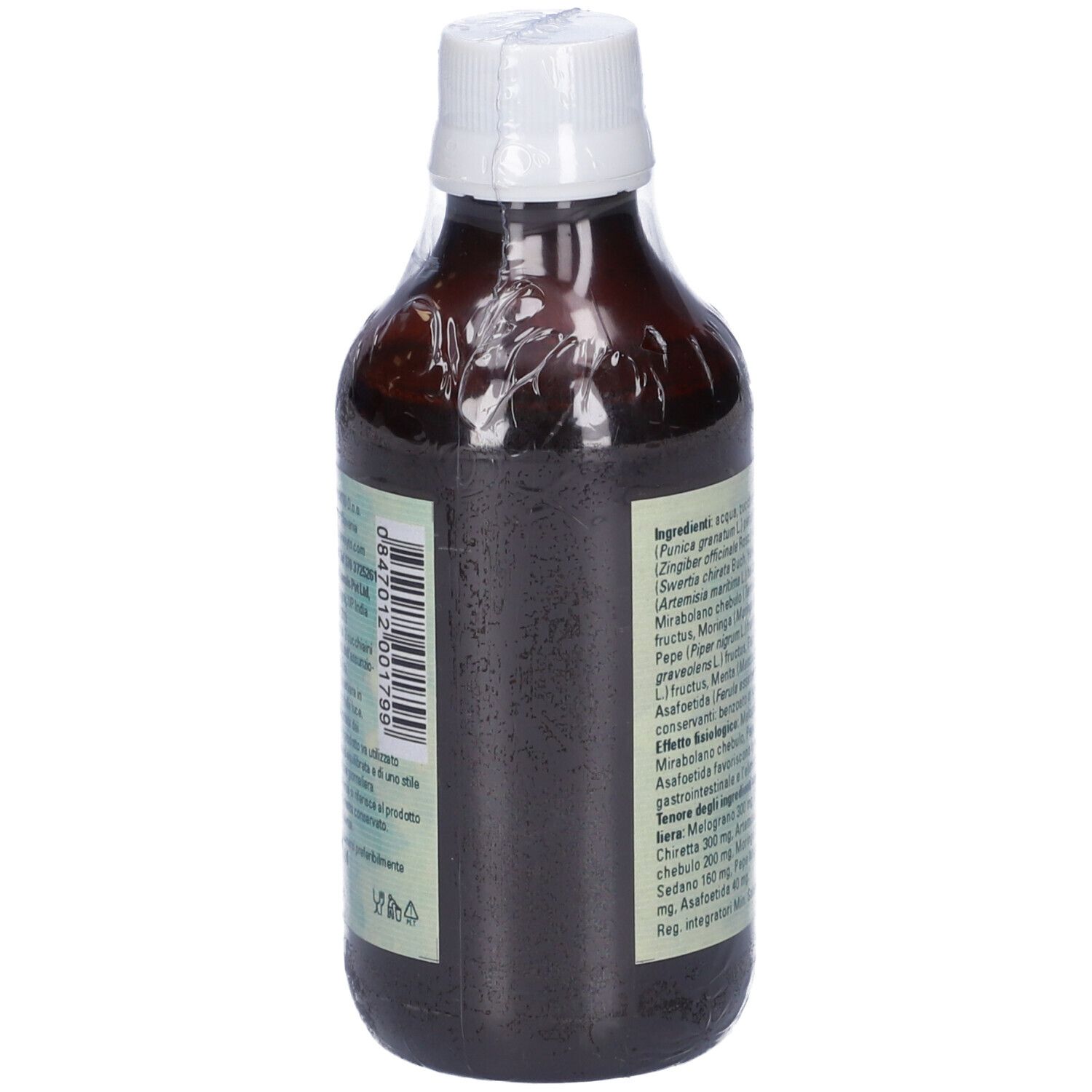 Vista posteriore della bottiglia. Etichetta con ingredienti e codice a barre. Liquido marrone.