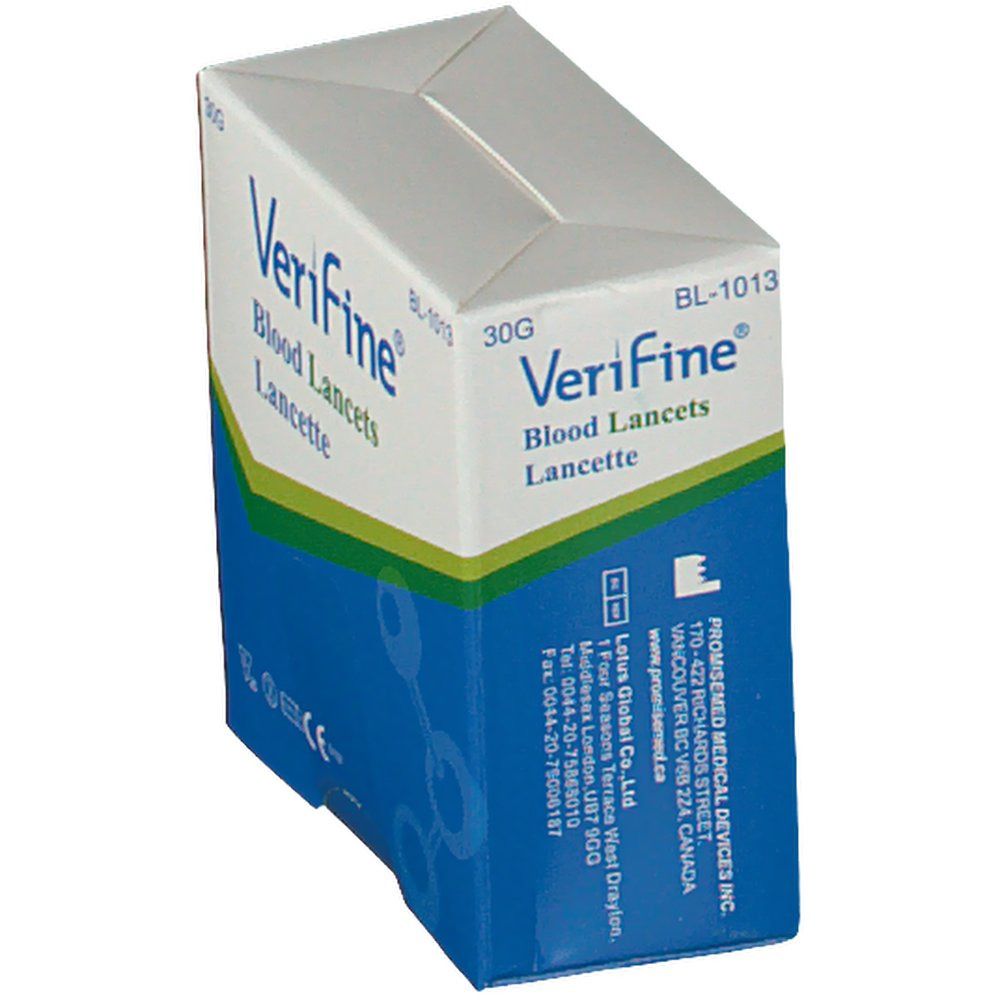 Confezione di lancette ematiche Verifine®. Scatola blu e bianca. Scritto: 30G, Verifine®, Blood Lancets, Lancette. Indirizzo del produttore.