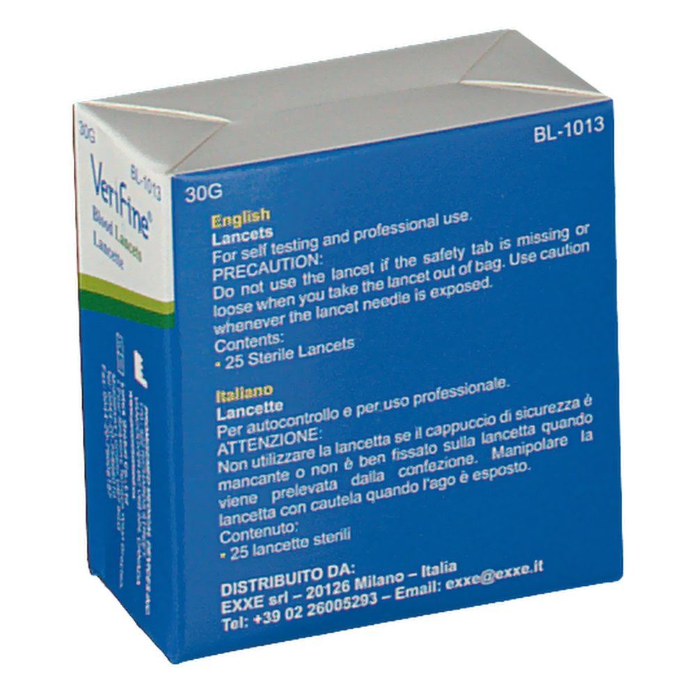 Confezione di lancette ematiche Verifine®. Scatola blu con testo. Scritto: 25 Sterile Lancets. Testi in inglese e italiano.