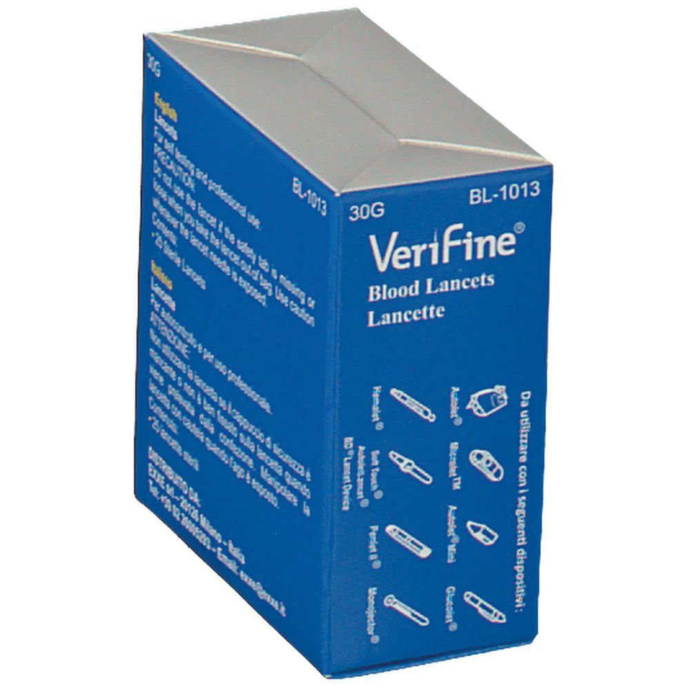 Confezione di lancette ematiche Verifine®. Scatola blu con testo e illustrazioni. Scritto: 25 Sterile Lancets. Testi in inglese e italiano.