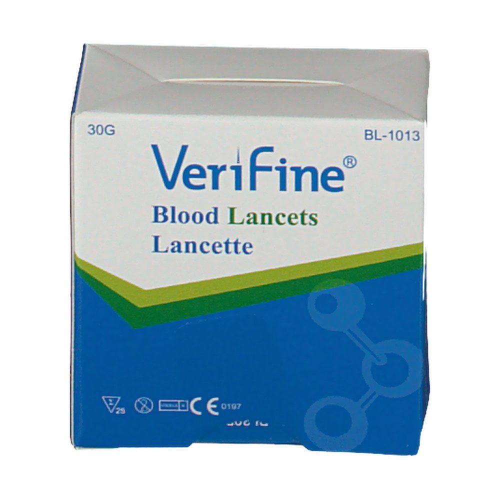 Confezione di lancette ematiche Verifine®. Scatola blu e bianca. Scritto: 30G, Verifine®, Blood Lancets, Lancette. Marchio CE.