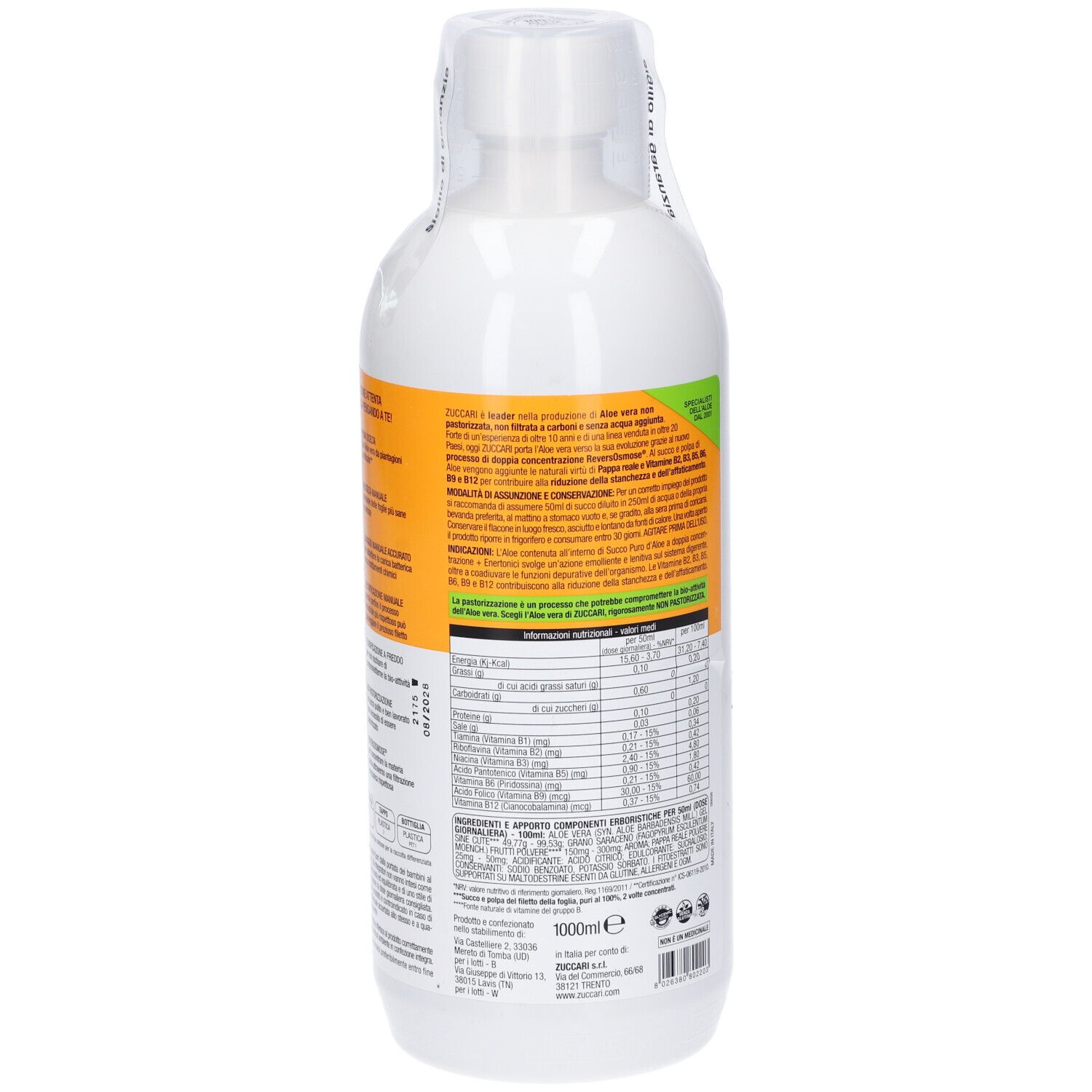 Bottiglia bianca, vista posteriore. Etichetta con testo e informazioni nutrizionali. Con sigillo.