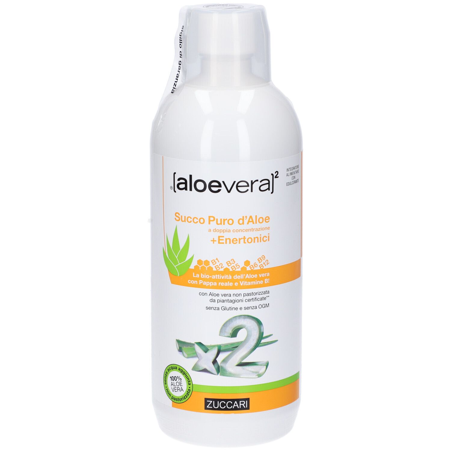 Bottiglia bianca con etichetta. Scritta: Succo Puro d'Aloe + Enertonici. Logo: foglia di aloe vera. Marchio: ZUCCARI. Con sigillo.