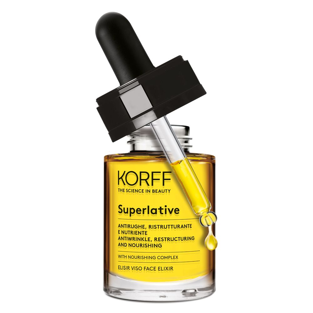 Elixir viso KORFF Superlative. Flacone con contagocce. Liquido giallo e goccia visibili.