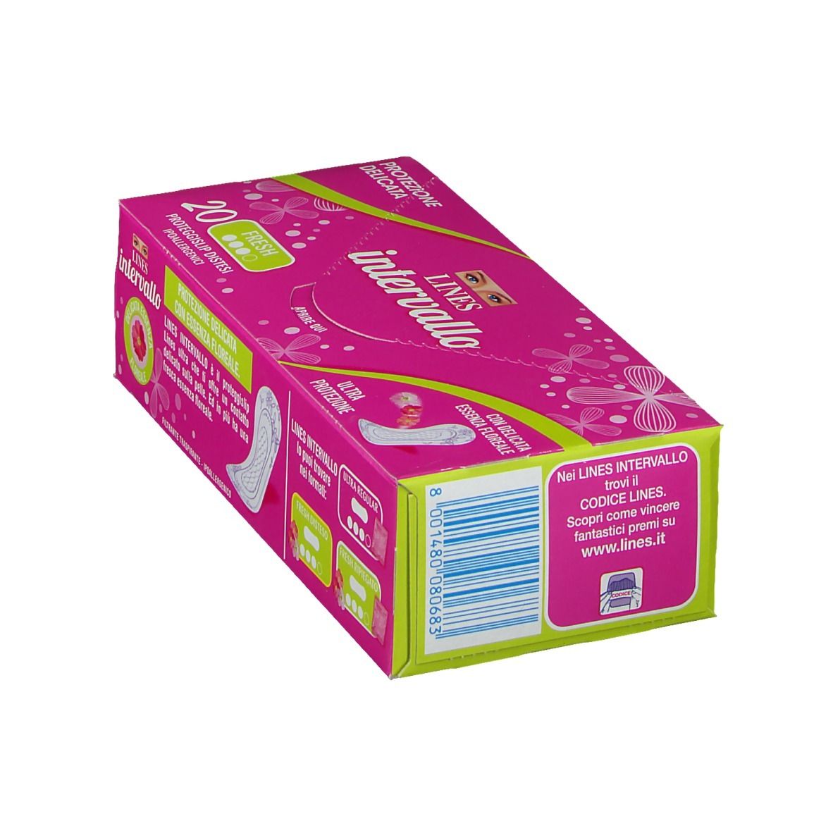 Scatola 'Lines Intervallo Fresh 20 pezzi' in prospettiva. Rosa con accento verde. Codice a barre e testo in italiano.