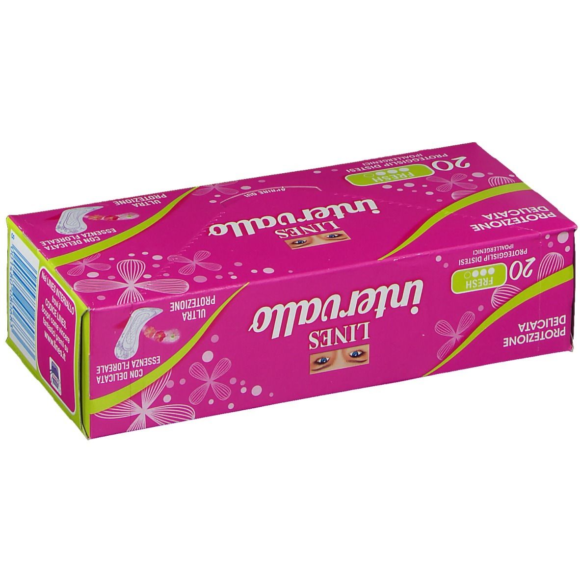 Scatola rosa 'Lines Intervallo Fresh 20 pezzi'. Immagine del prodotto e testo in italiano. Design floreale.