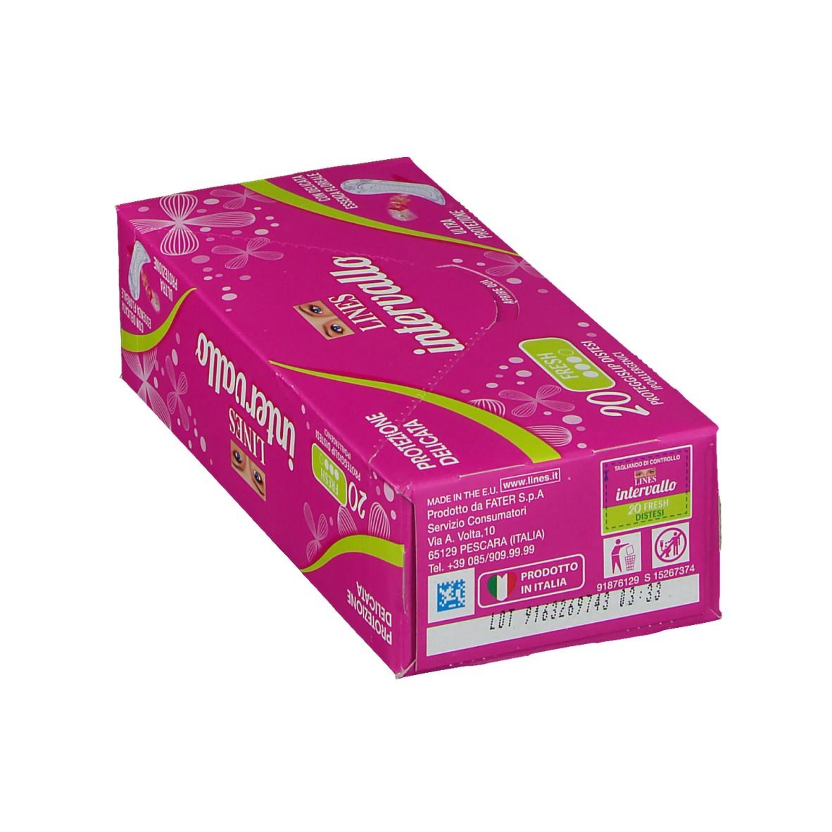 Scatola rosa 'Lines Intervallo Fresh 20 pezzi'. Testo in italiano. Indirizzo produttore e marchio di qualità italiano.