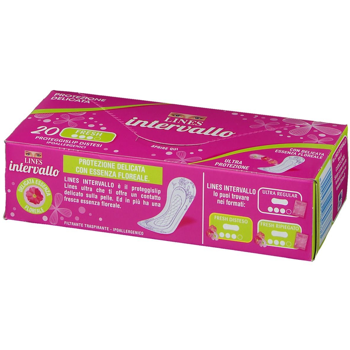 Scatola rosa 'Lines Intervallo Fresh 20 pezzi'. Immagine del prodotto e testo in italiano. Design floreale.