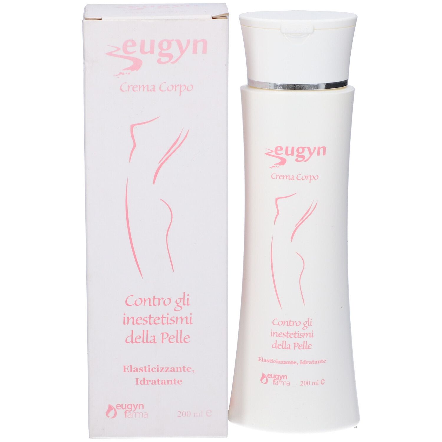 Confezione e flacone. Confezione bianca con logo e testo rosa. Flacone con tappo bianco.