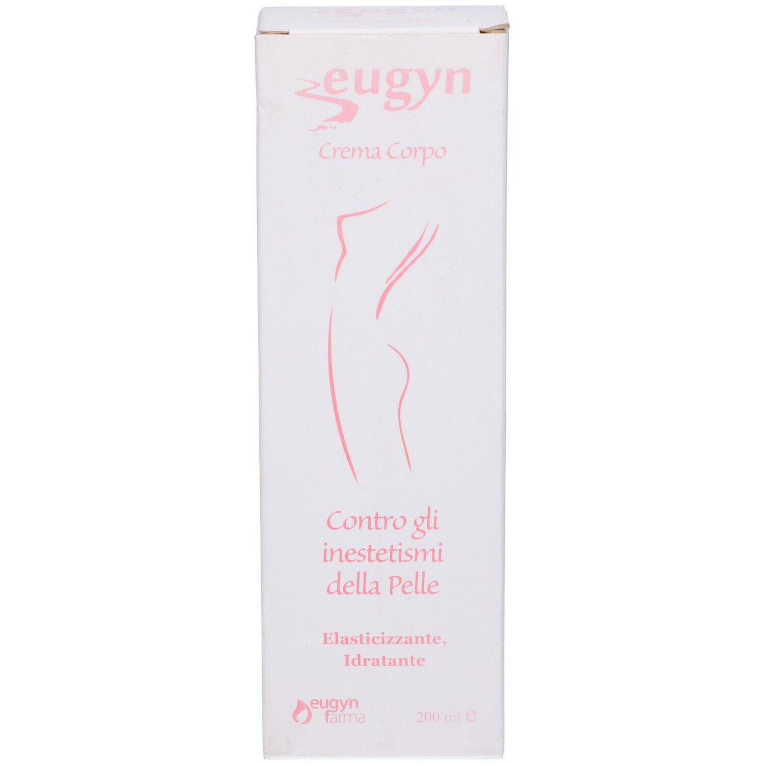 Confezione bianca. Logo e testo rosa. Scritta: Crema Corpo, Contro gli inestetismi della Pelle, Elasticizzante.