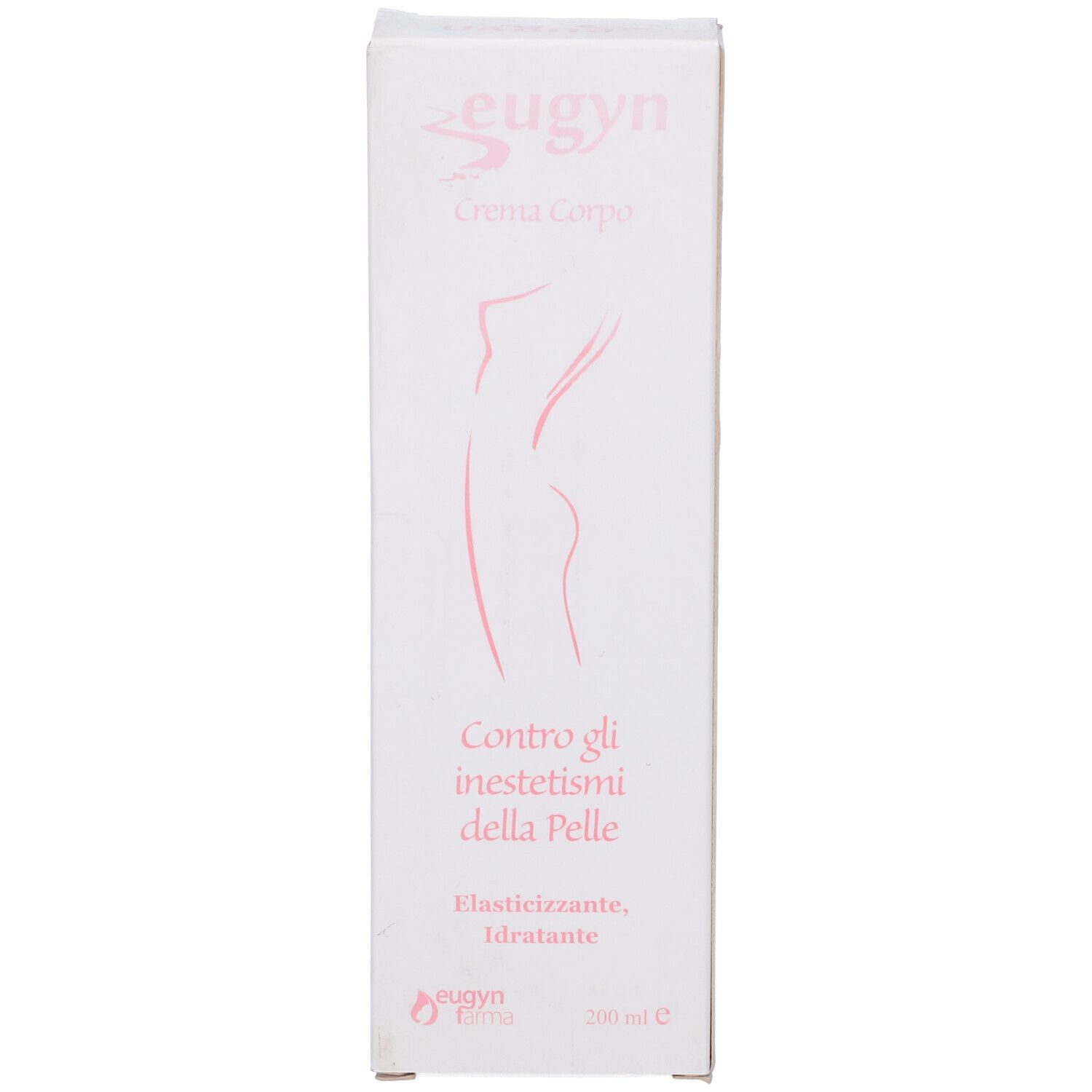 Confezione bianca. Logo e testo rosa. Scritta: Crema Corpo, Contro gli inestetismi della Pelle, Elasticizzante.