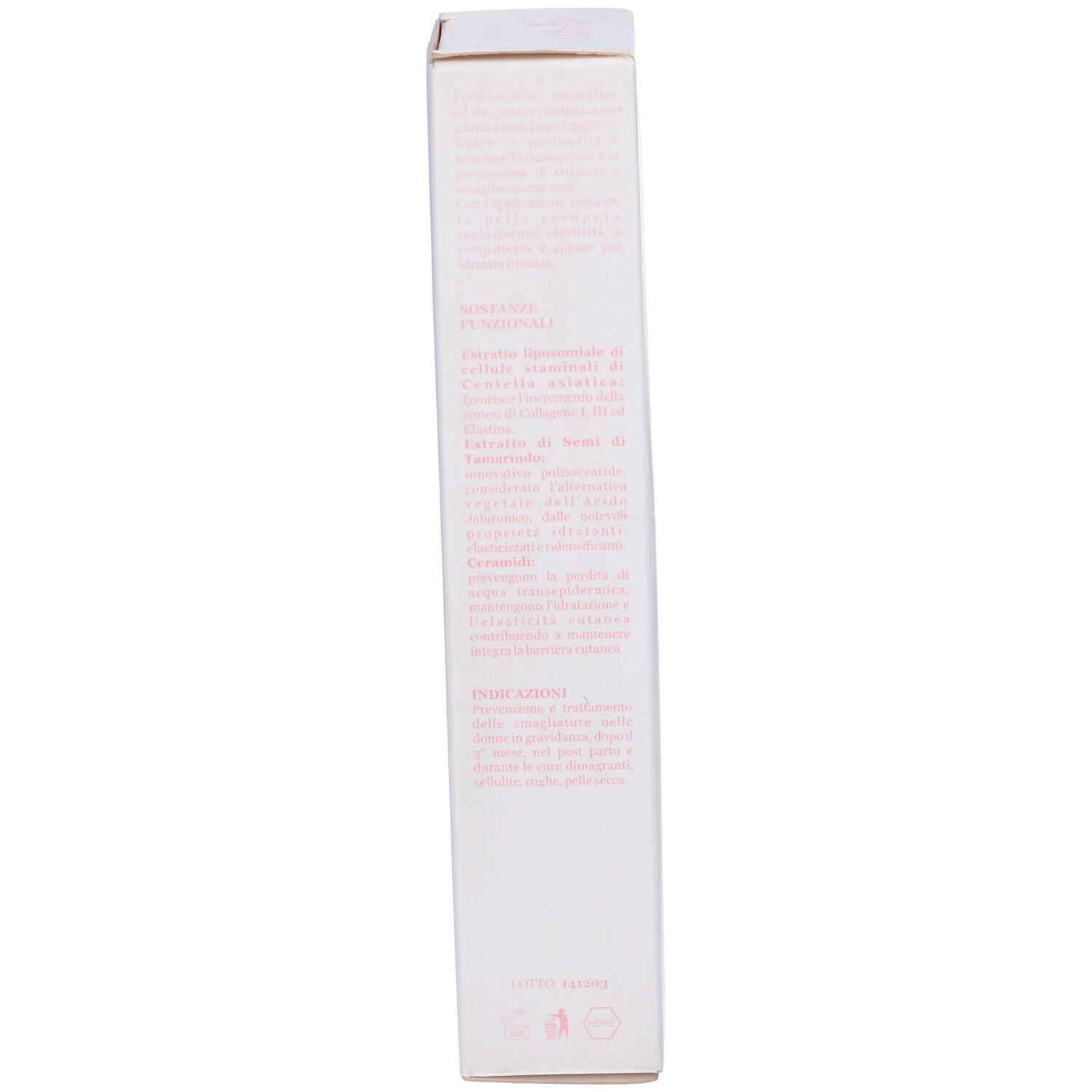 Vista laterale della confezione bianca. Testo rosa. Ingredienti e informazioni del produttore.