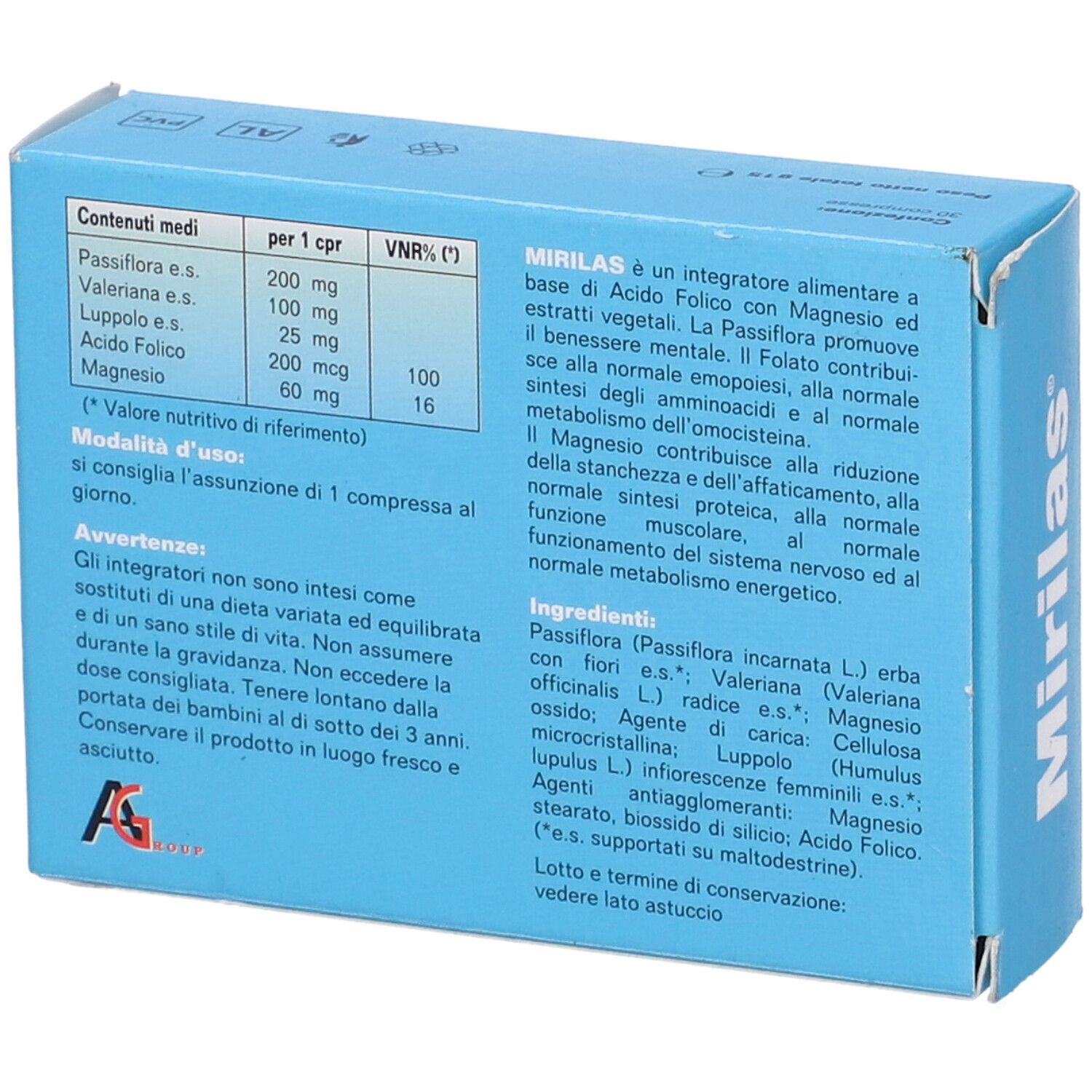 Retro di una scatola azzurra. Contiene informazioni su ingredienti, valori nutrizionali e utilizzo. Testo: Mirilas, Integratore Alimentare.