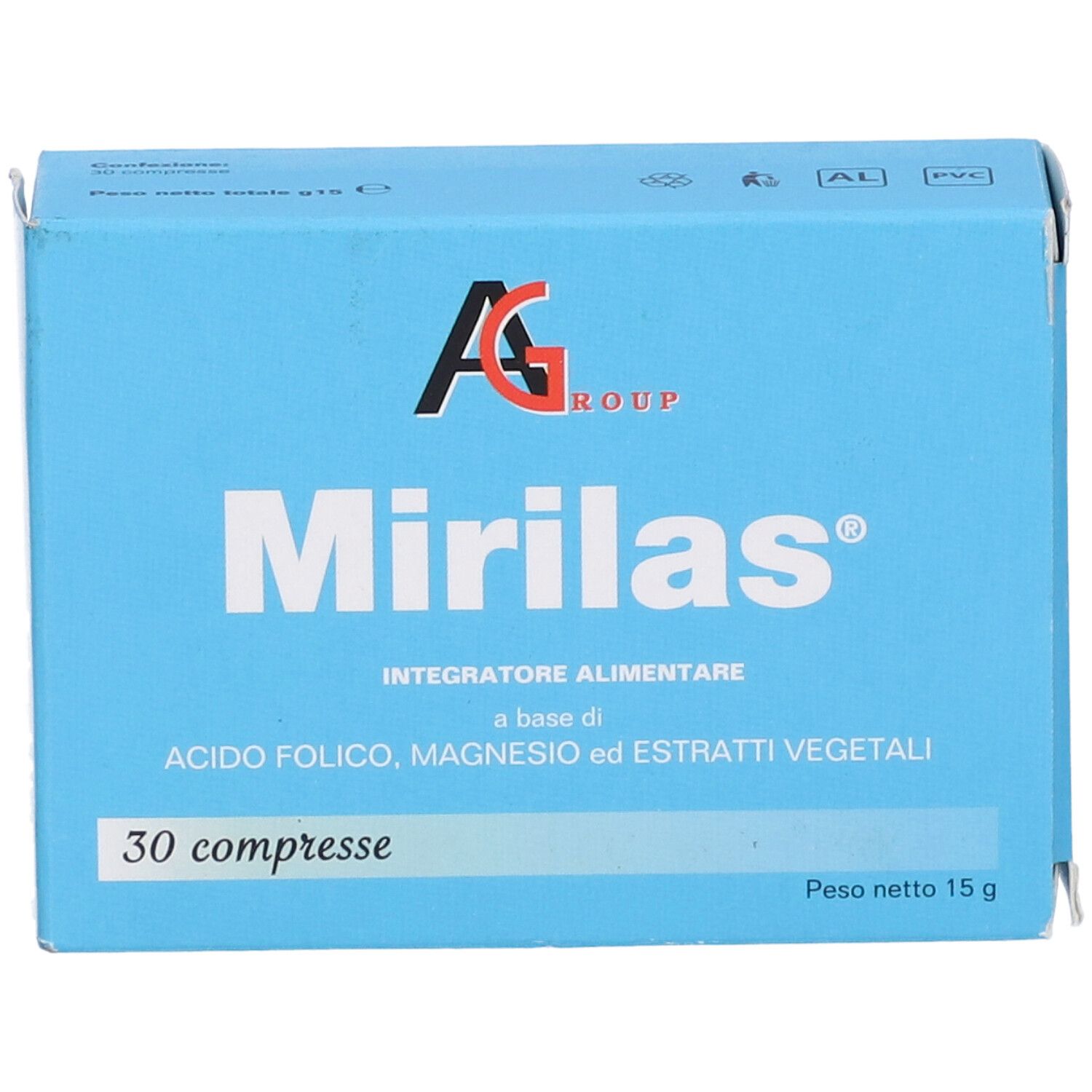 Scatola azzurra con nome e logo del prodotto. Contiene 30 compresse. Testo: Integratore Alimentare, Acido Folico, Magnesio ed Estratti Vegetali.