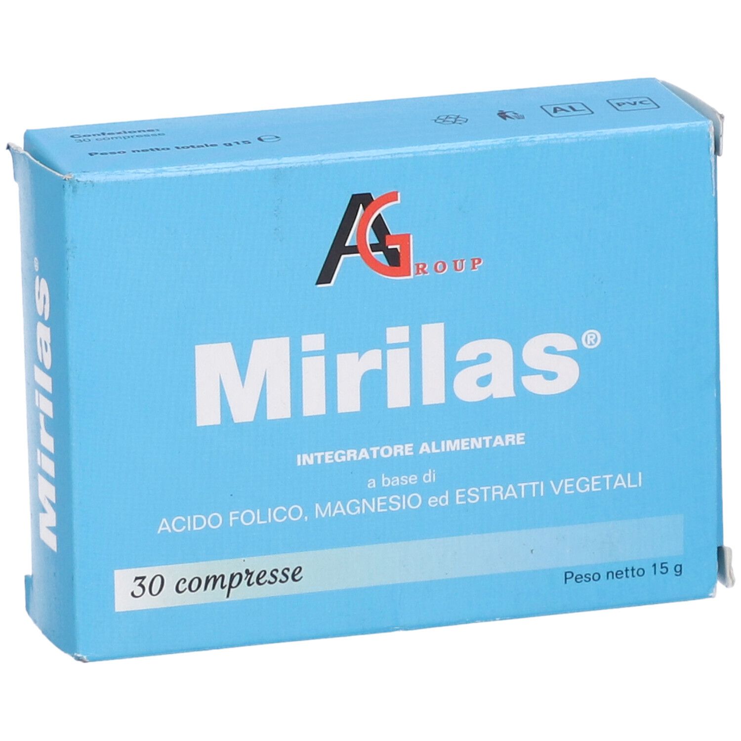Scatola azzurra con nome e logo del prodotto. Contiene 30 compresse. Testo: Integratore Alimentare, Acido Folico, Magnesio ed Estratti Vegetali.
