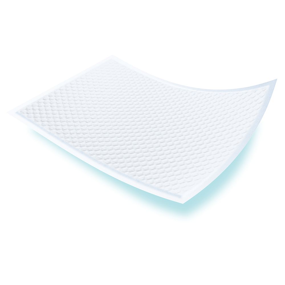 TENA Bed Underpad bianco, rettangolare, superficie goffrata. Leggermente curvo.