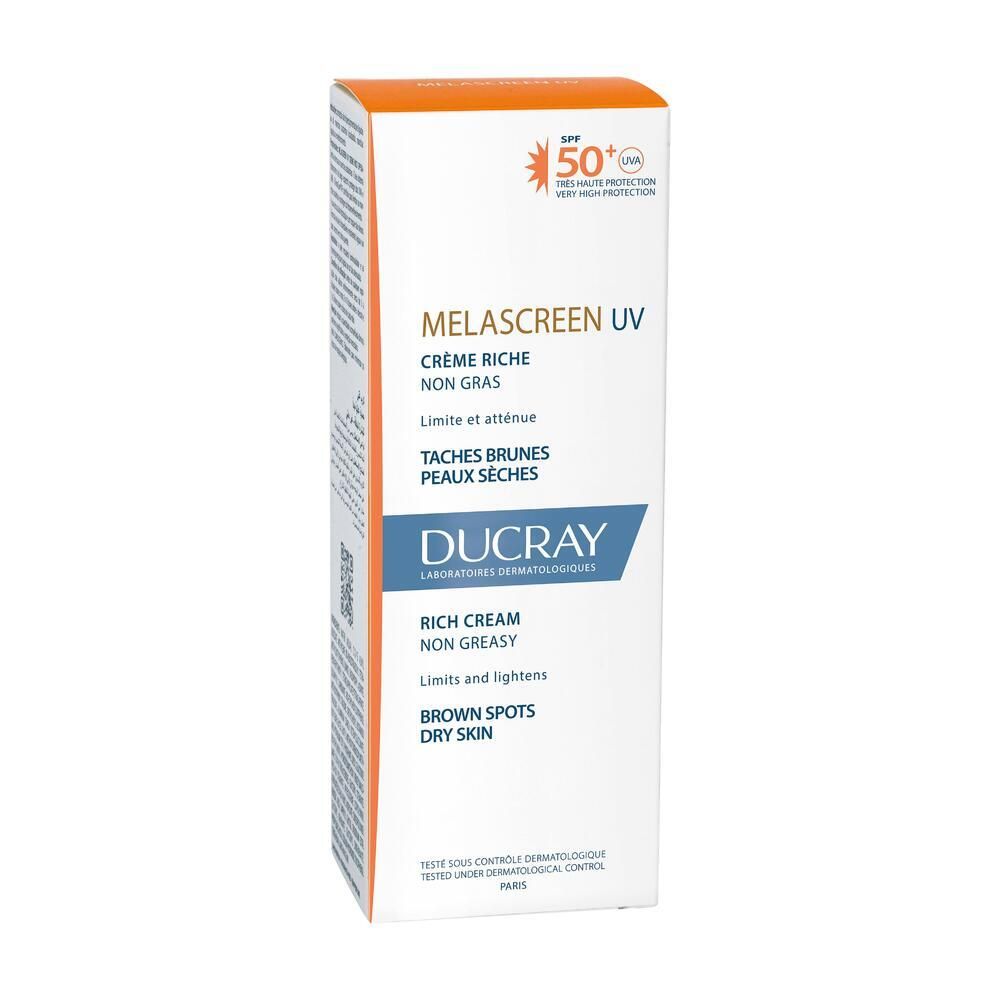 Scatola bianca Ducray Melascreen UV Rich Cream SPF 50+. Stampa arancione, nome prodotto e testo.