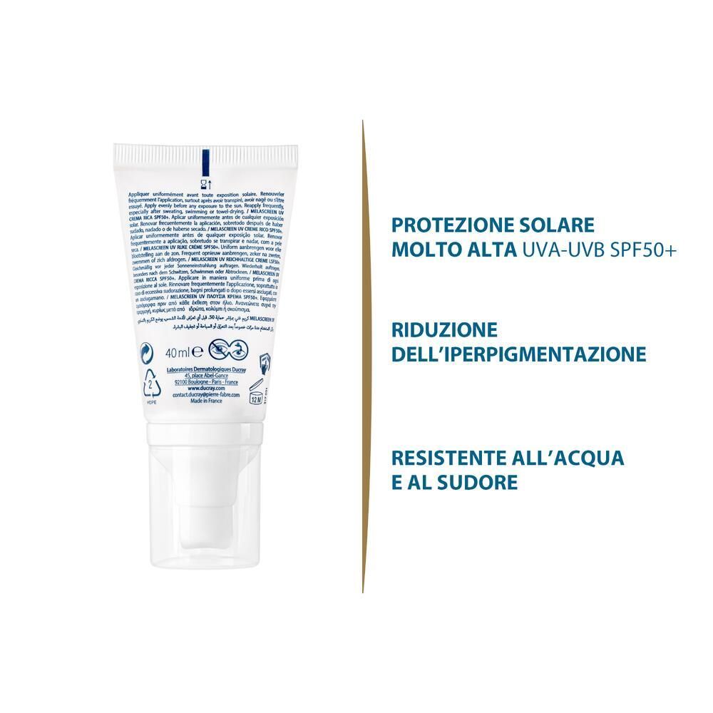 Retro del tubo. Testo multilingue. 40 ml. Simboli di riciclaggio. Informazioni sul produttore. Testo: protezione, riduzione, resistente.