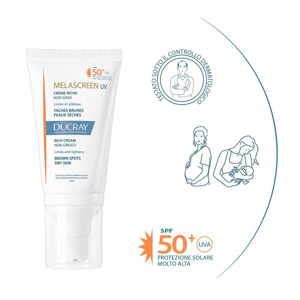 Tubo bianco Ducray Melascreen UV Rich Cream SPF 50+. Logo testato dermatologicamente. Donne incinte e che allattano.