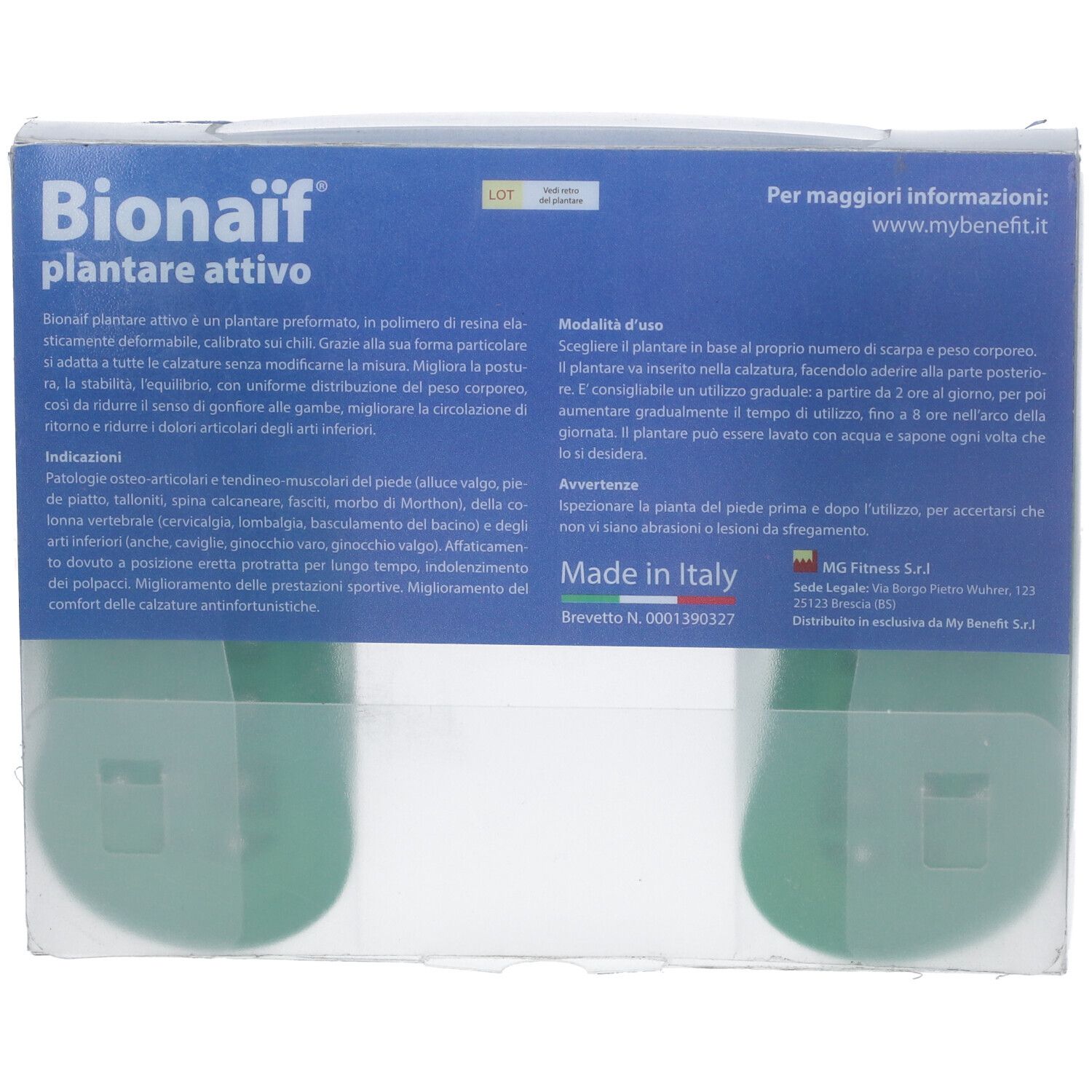 Retro della confezione con solette verdi. Testo: Bionaif Plantare Attivo, Made in Italy.