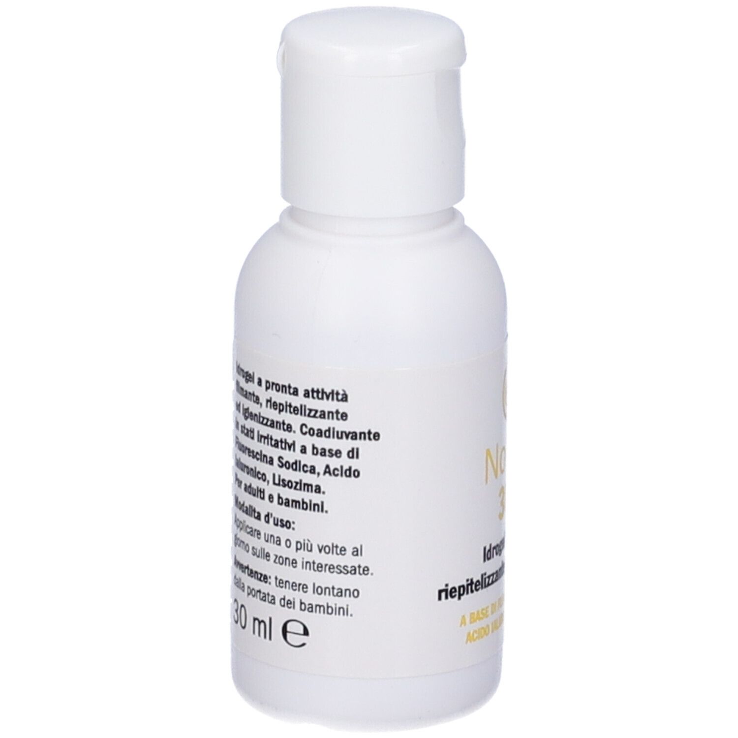 Flacone bianco con tappo a ribalta. Scritta: NoRed 30G. Testo sul retro.