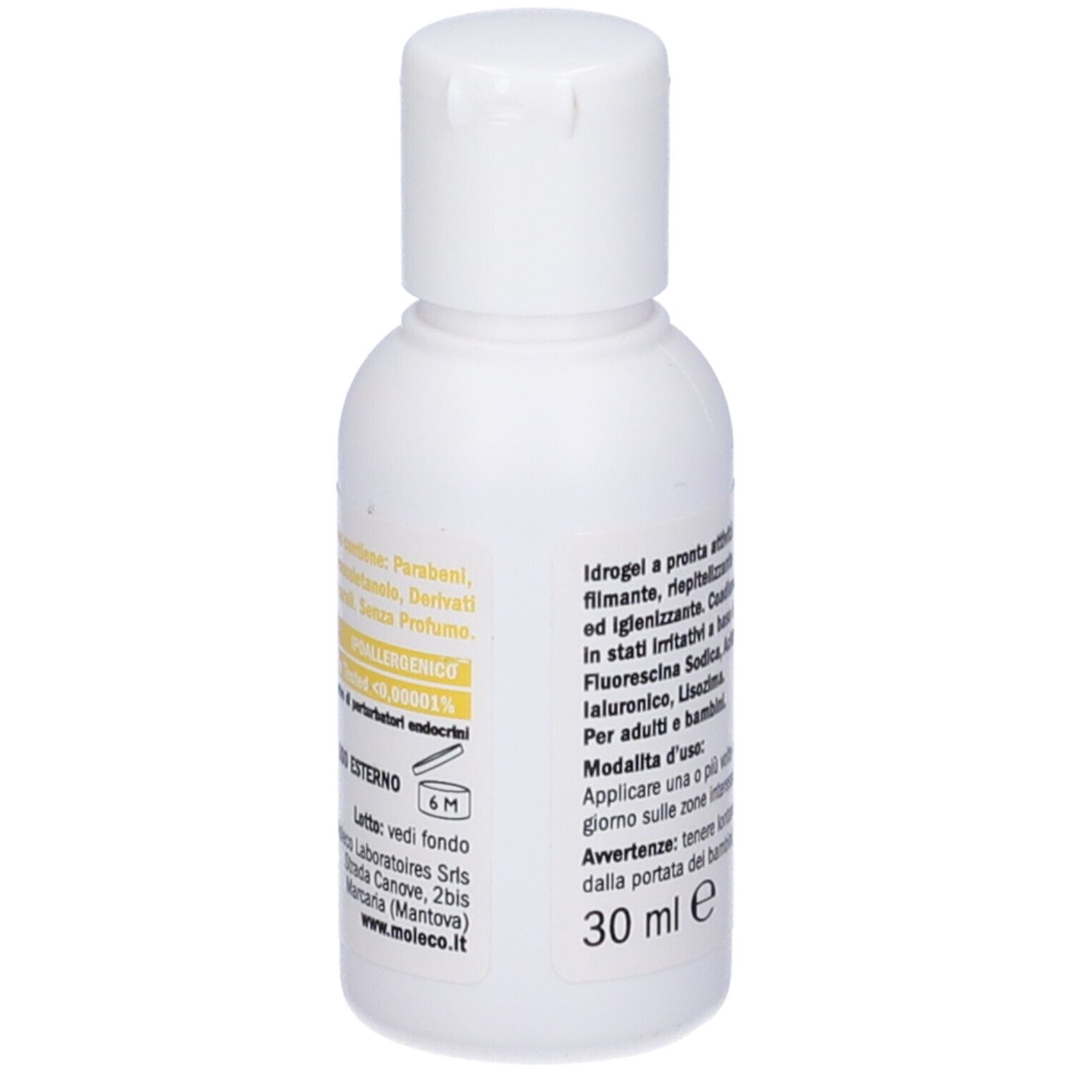 Flacone bianco con tappo a ribalta. Testo sul retro. Volume: 30 ml.