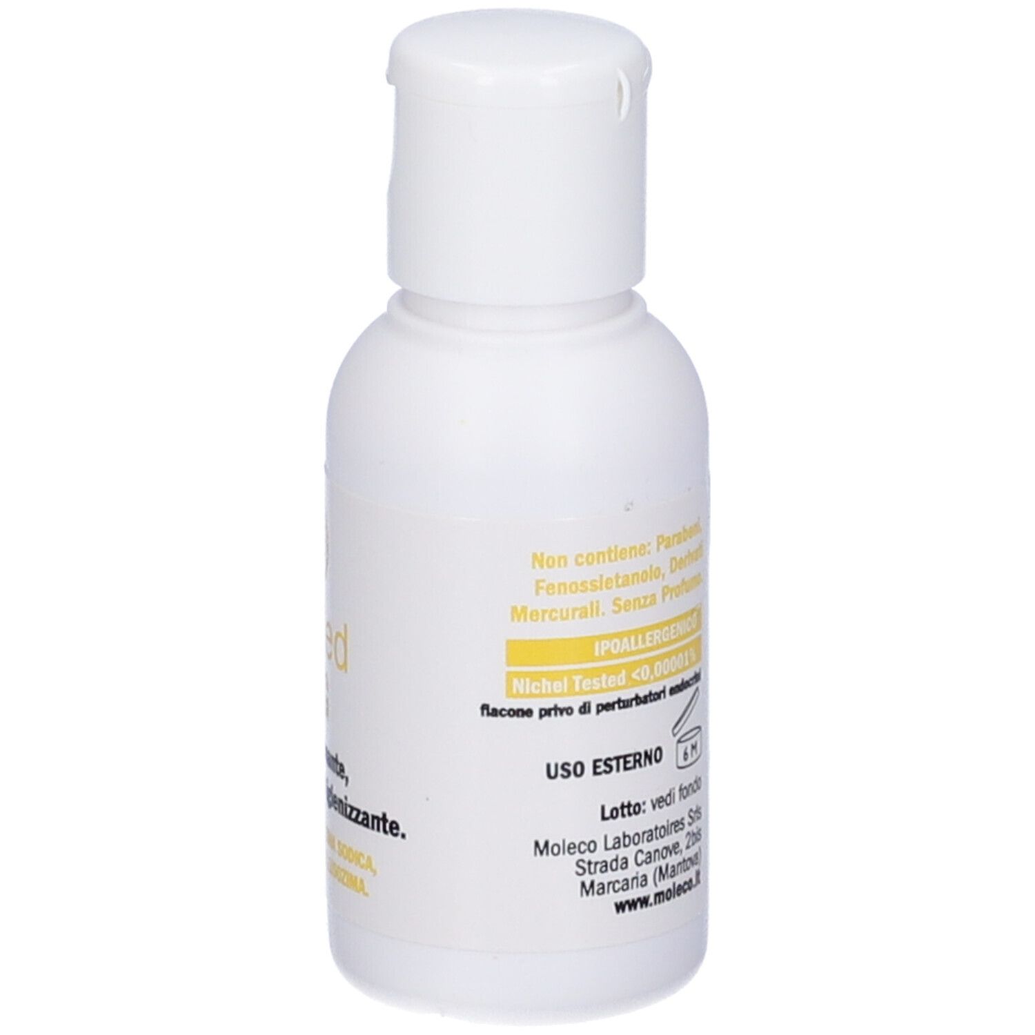 Flacone bianco con tappo a ribalta. Testo sul retro. Per uso esterno.