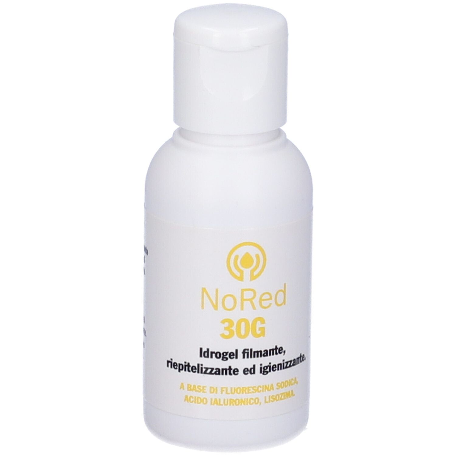 Flacone bianco con tappo a ribalta. Scritta: NoRed 30G. Prodotto in gel.