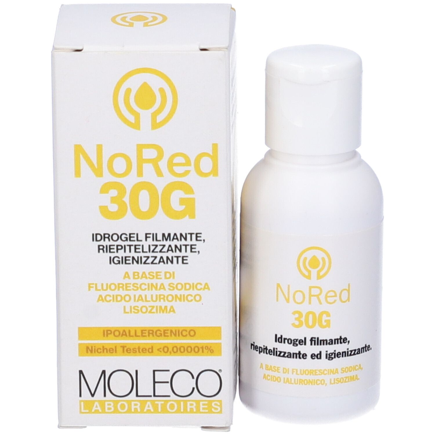 Flacone e scatola del prodotto. Scritta: NoRed 30G. Gel. Marchio: Moleco.