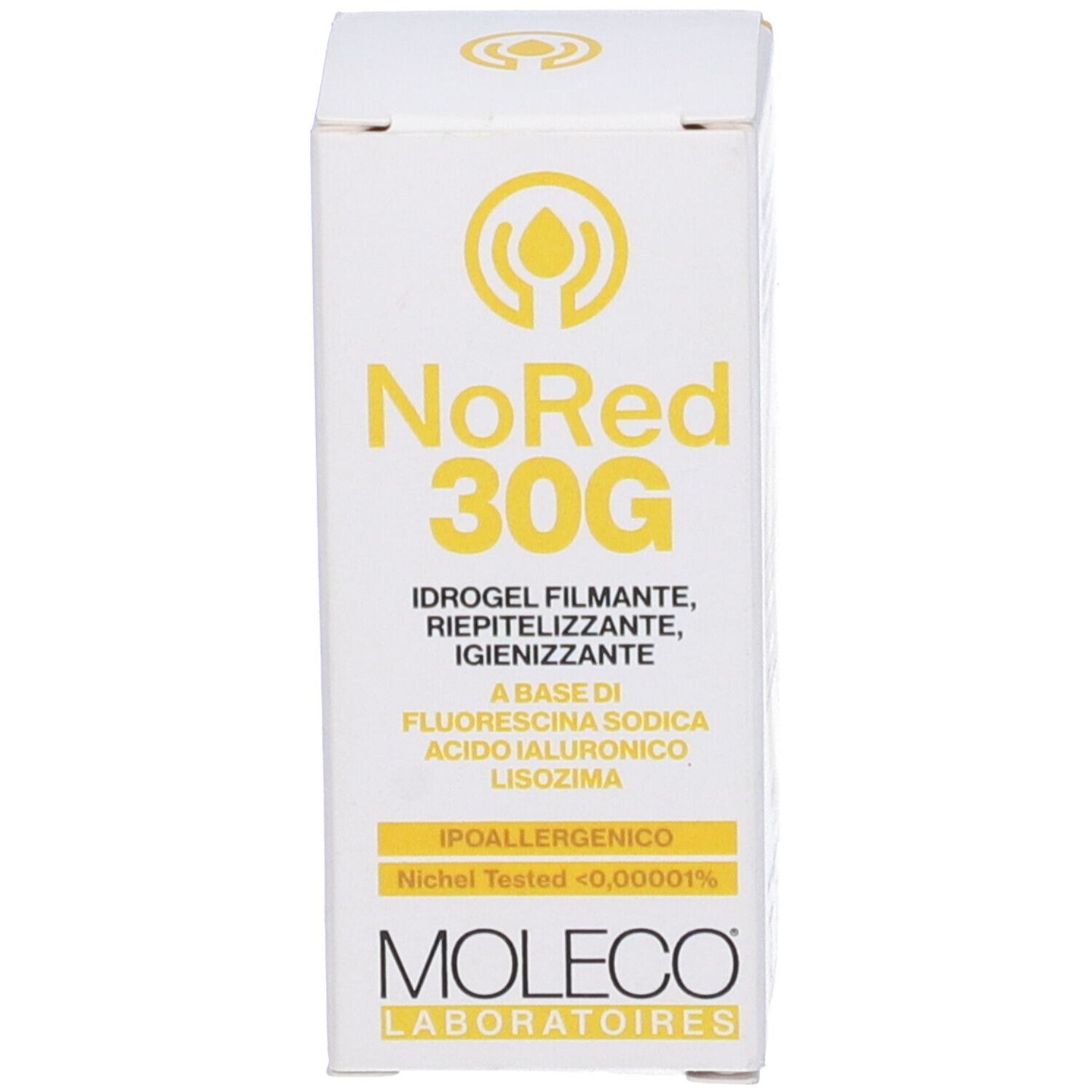 Scatola bianca con scritta gialla. Scritta: NoRed 30G. Marchio: Moleco.
