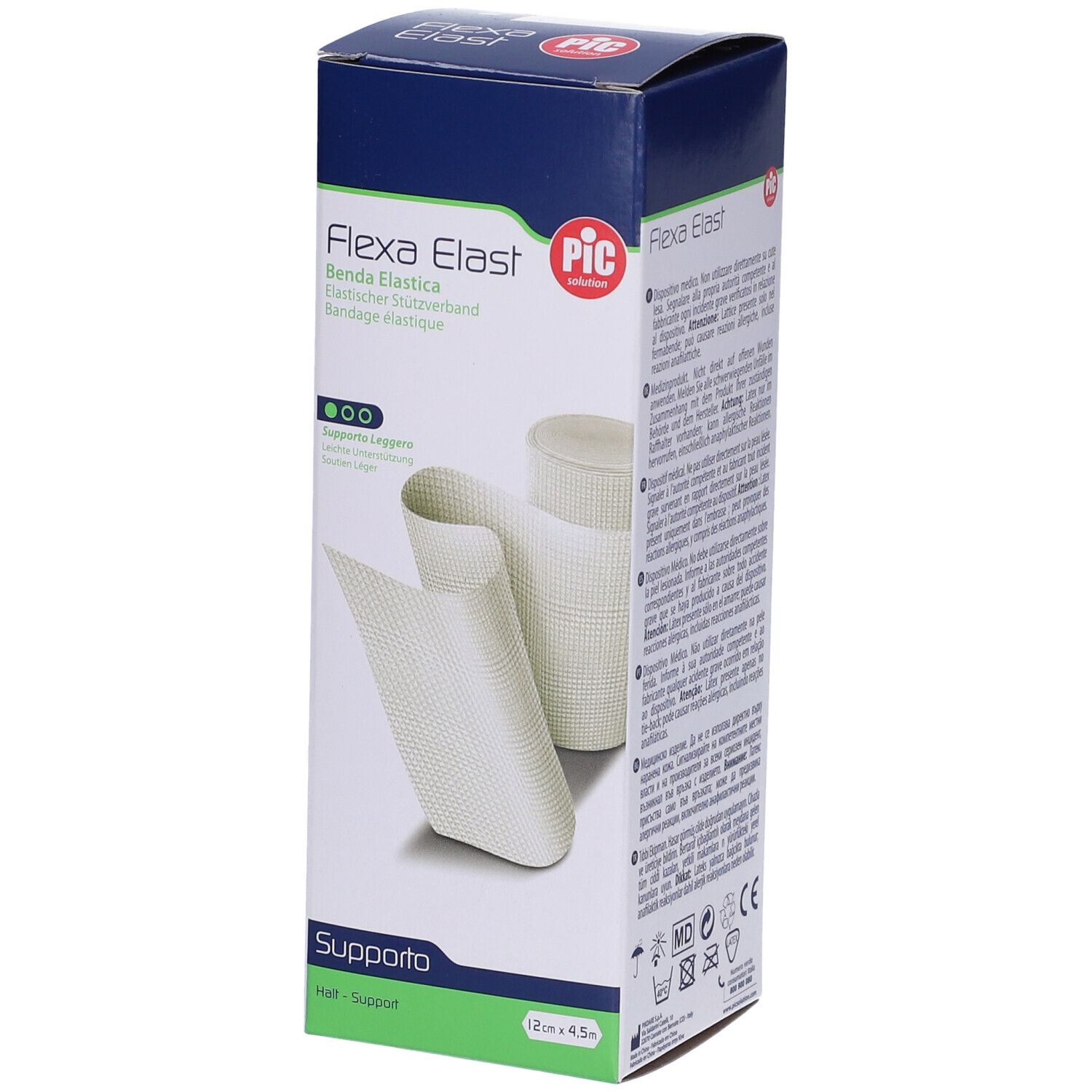 Confezione di Flexa Elast. Benda elastica. Marchio PIC. Prodotto e benda. Dimensioni: 12cm x 4,5m.