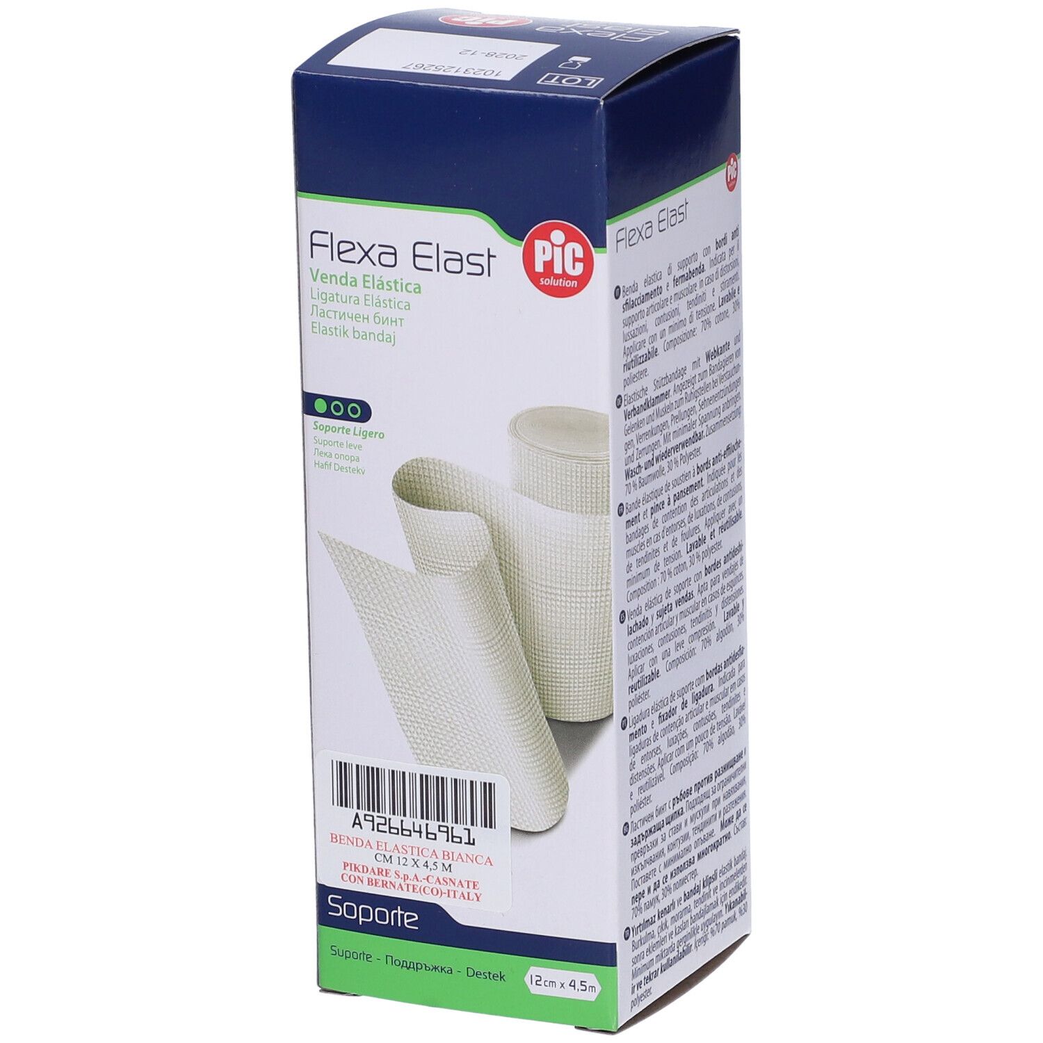 Confezione di Flexa Elast. Benda elastica. Marchio PIC. Prodotto e benda. Dimensioni: 12cm x 4,5m.
