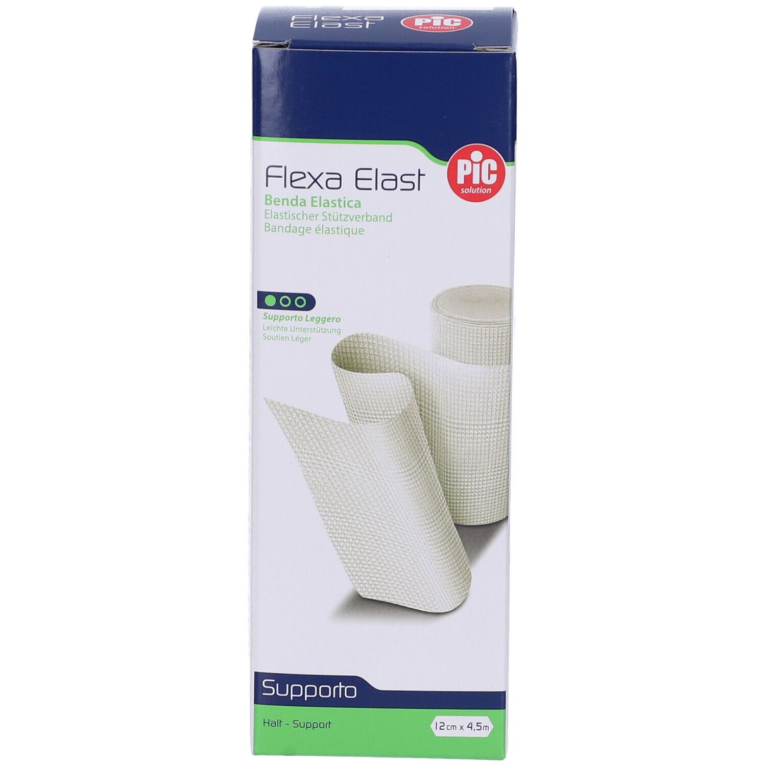 Confezione di Flexa Elast. Benda elastica. Marchio PIC. Prodotto e benda. Dimensioni: 12cm x 4,5m.