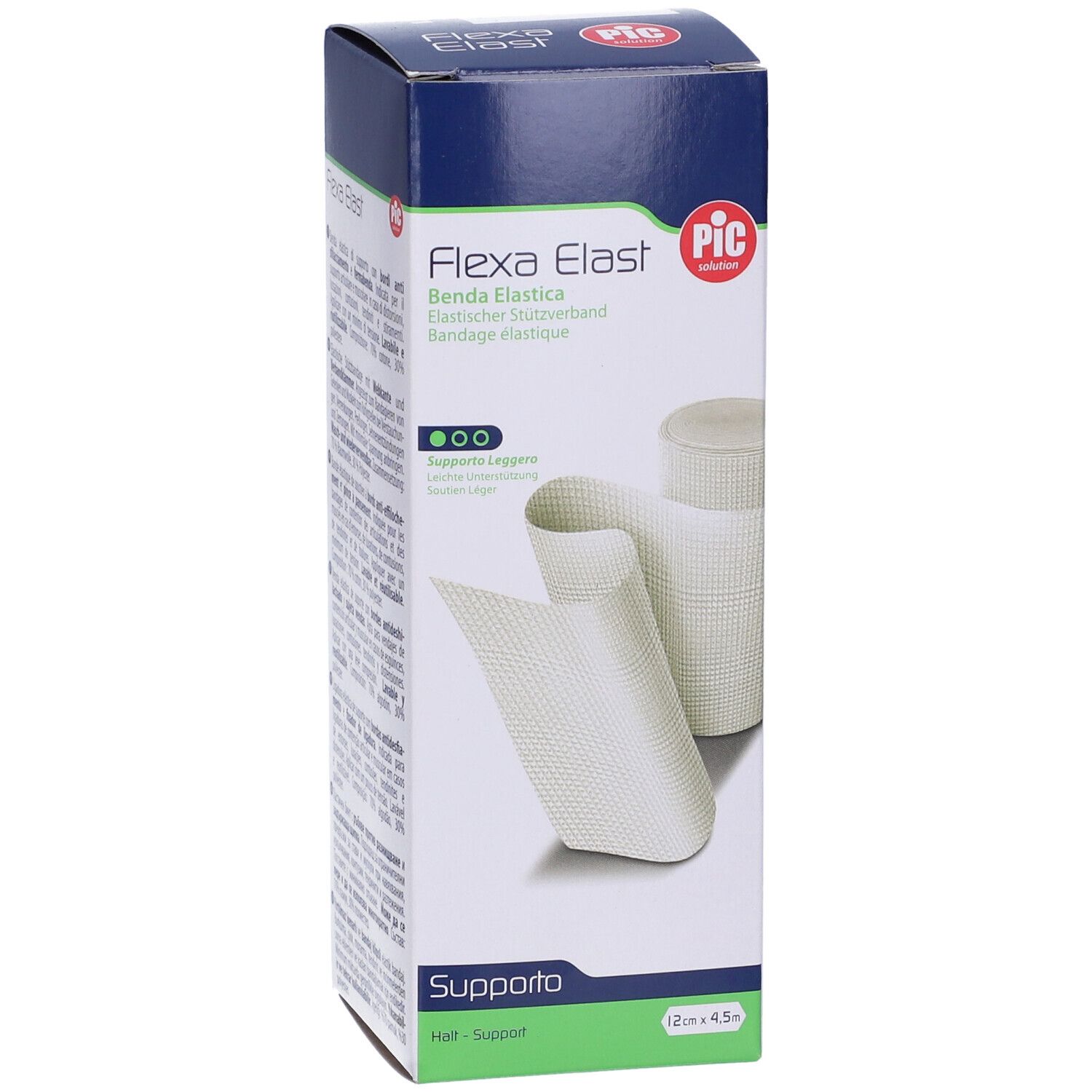 Confezione di Flexa Elast. Benda elastica. Marchio PIC. Prodotto e benda. Dimensioni: 12cm x 4,5m.