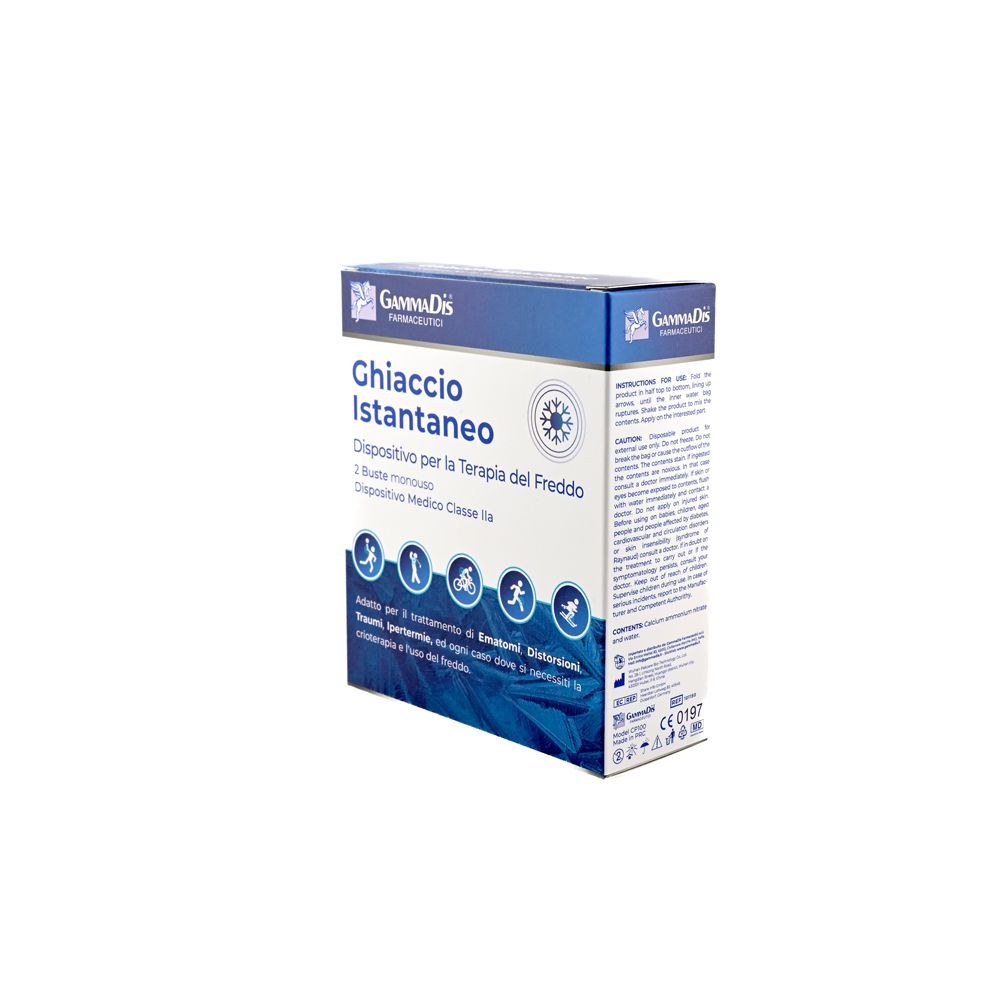 Confezione angolata con nome prodotto e pittogrammi. Dispositivo medico classe IIa.