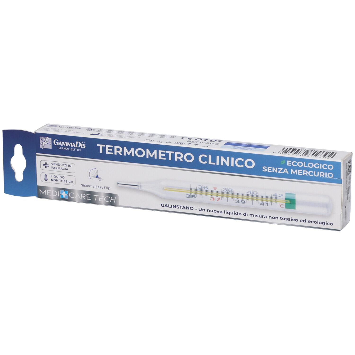 Termometro in confezione. Scatola blu con nome e marchio del prodotto. Scala da 35 a 42 gradi Celsius. Senza mercurio.