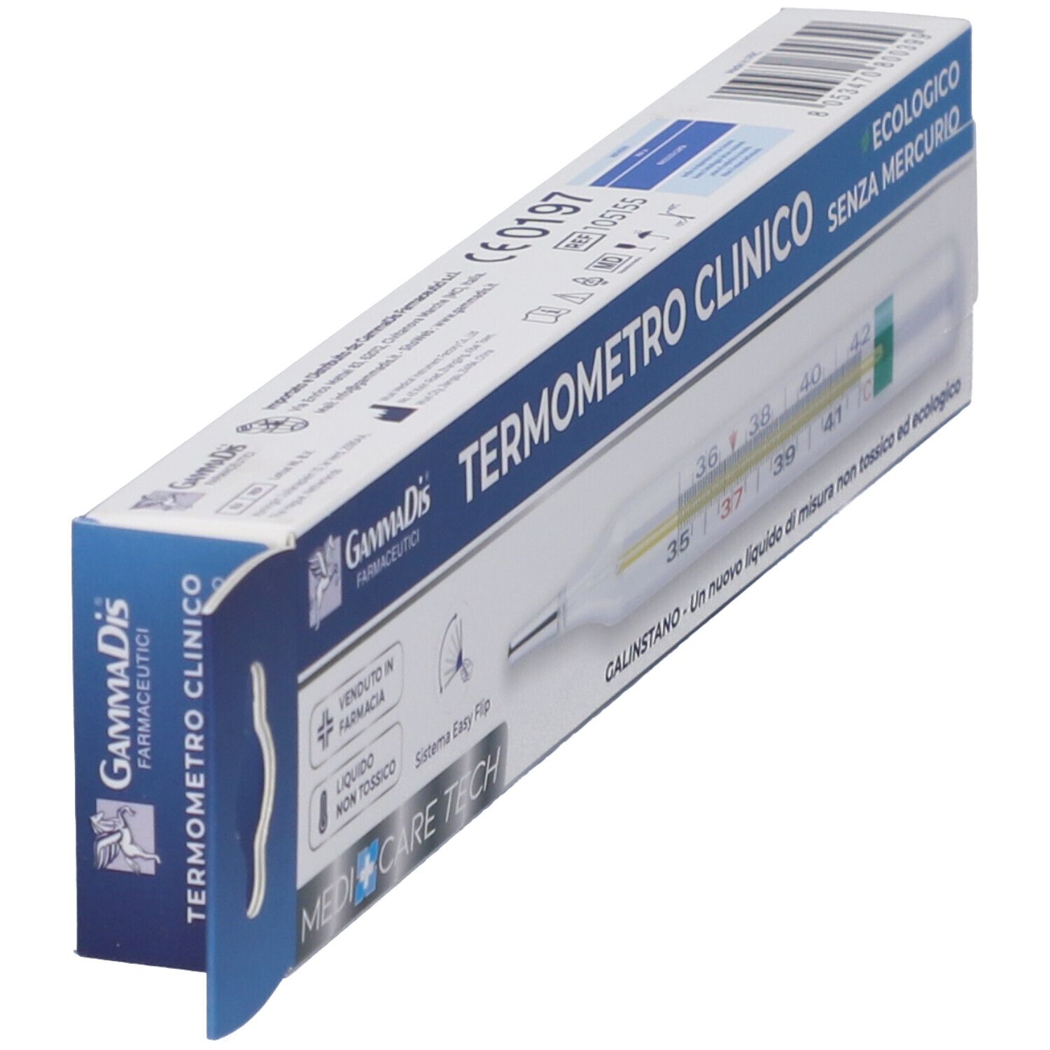 Termometro in confezione. Scatola blu con nome e marchio del prodotto. Scala da 35 a 42 gradi Celsius. Senza mercurio.