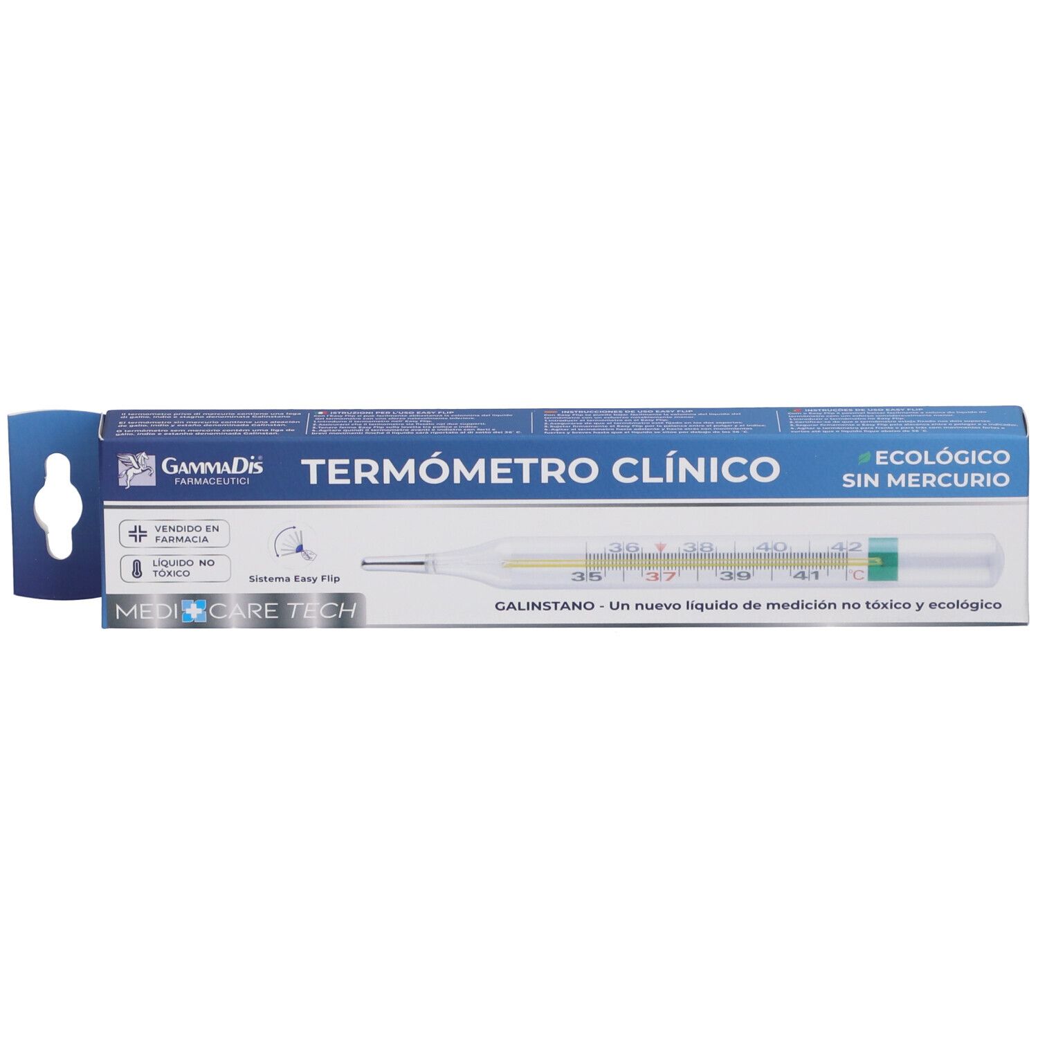 Termometro in confezione. Scatola blu con nome e marchio del prodotto. Scala da 35 a 42 gradi Celsius. Senza mercurio.