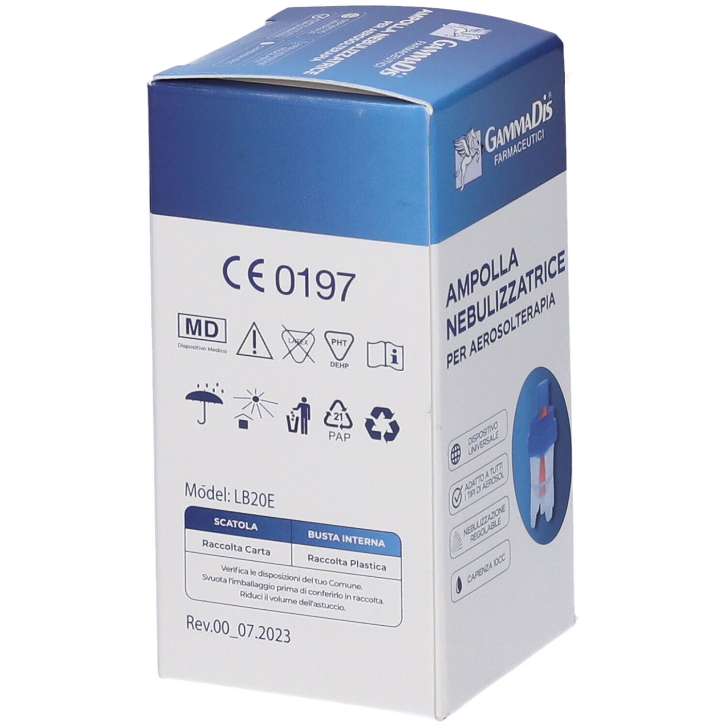 Confezione in cartone con pittogrammi e testo. Scritta: Ampolla Nebulizzatrice per Aerosolterapia. Marchio CE. Modello LB20E.