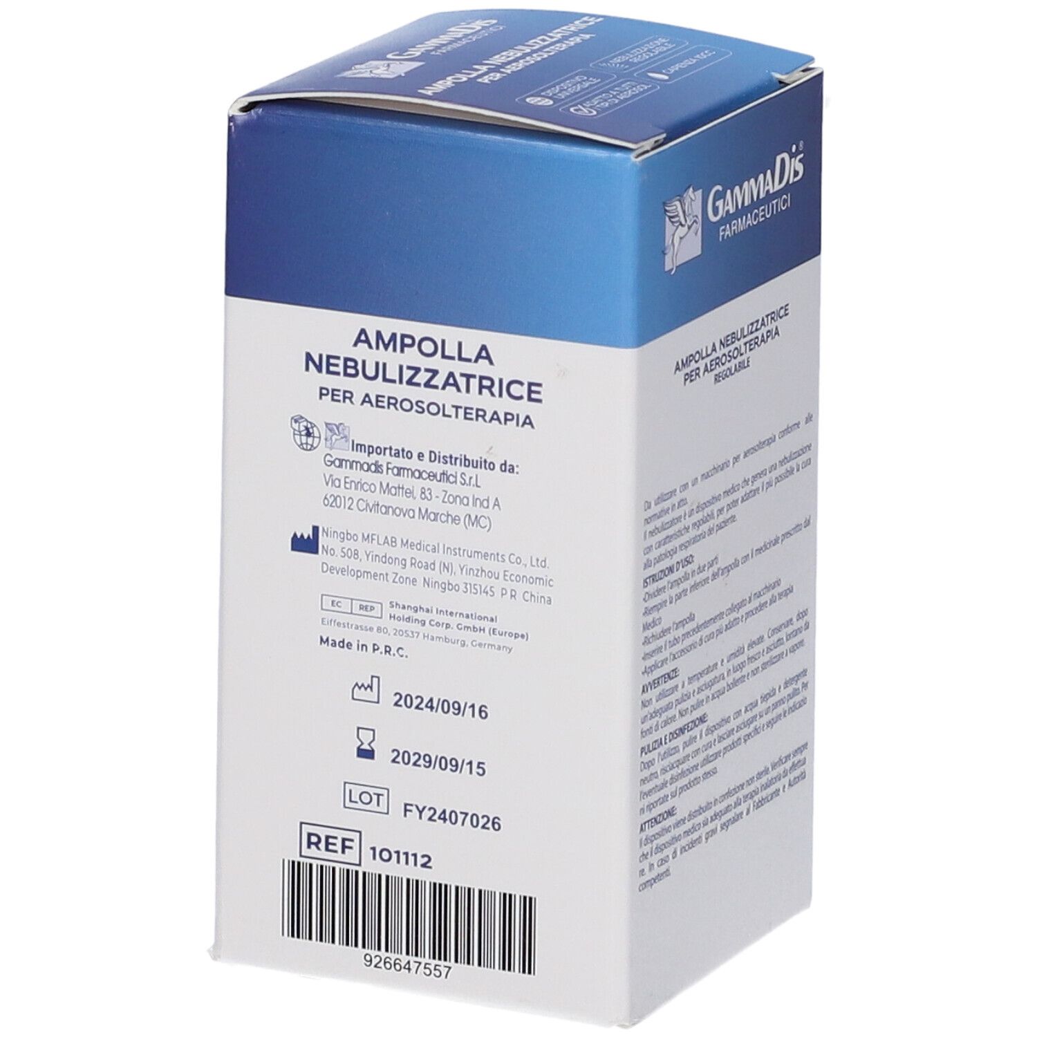 Confezione in cartone con testo. Scritta: Ampolla Nebulizzatrice per Aerosolterapia. Informazioni produttore e scadenze.