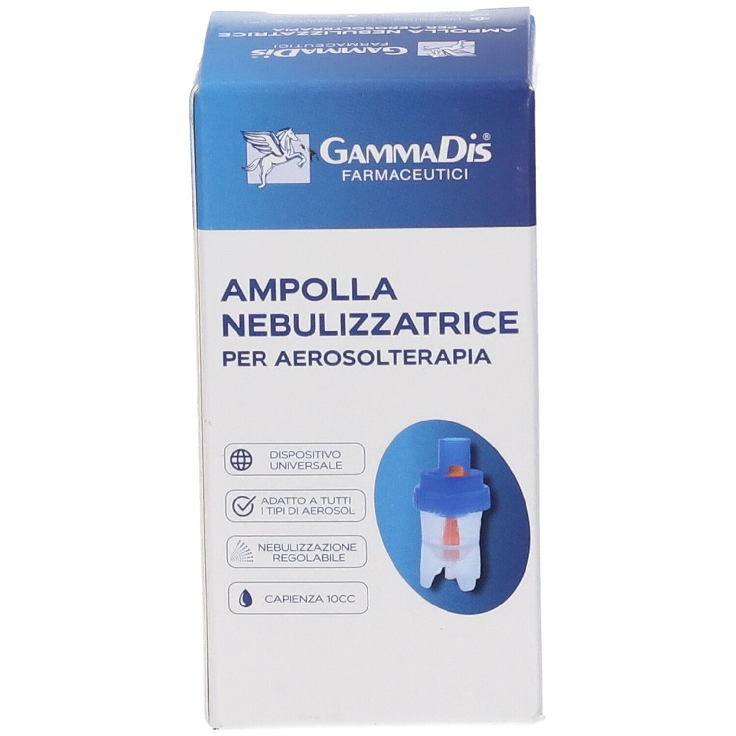 Confezione in cartone con immagine del prodotto e testo. Scritta: Ampolla Nebulizzatrice per Aerosolterapia. Marchio: Gammadis Farmaceutici.
