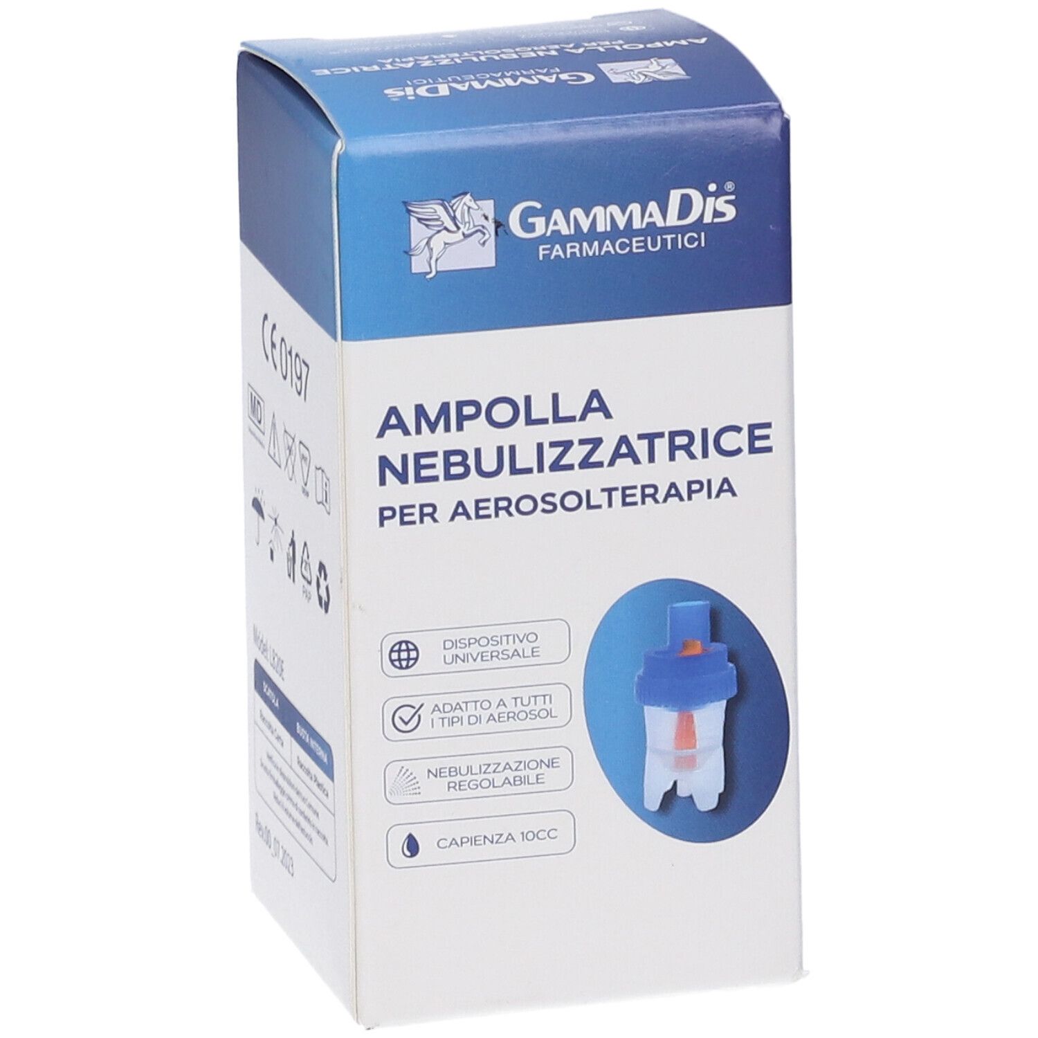 Confezione in cartone con immagine del prodotto e testo. Scritta: Ampolla Nebulizzatrice per Aerosolterapia. Marchio: Gammadis Farmaceutici.