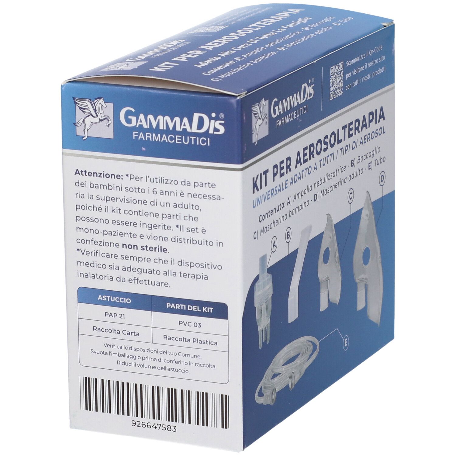 Scatola kit aerosol, retro con testo e componenti. Logo Gammadis. Codice QR. Informazioni su materiali e imballaggio.
