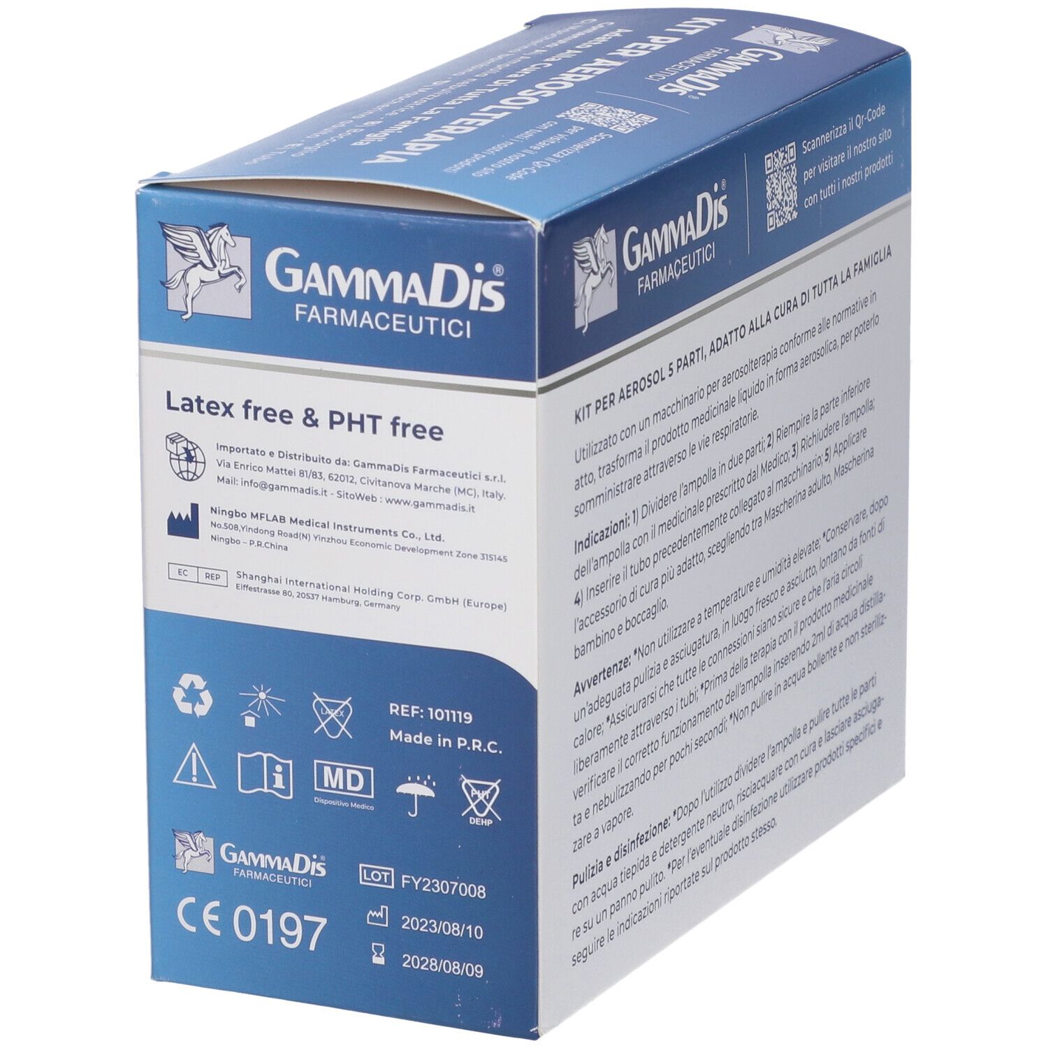 Scatola kit aerosol, lato con testo e loghi. Logo Gammadis. Senza lattice e PHT. Marchio dispositivo medico.