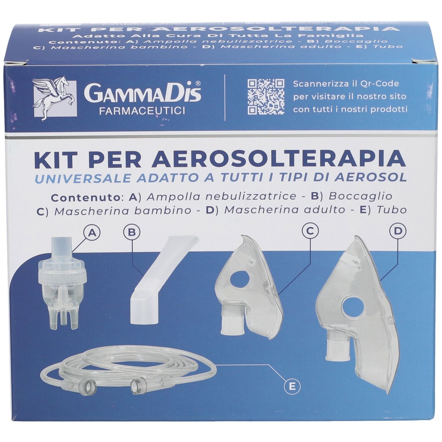 Scatola kit aerosol con componenti: nebulizzatore, boccaglio, maschera bambino, maschera adulto, tubo. Logo Gammadis.