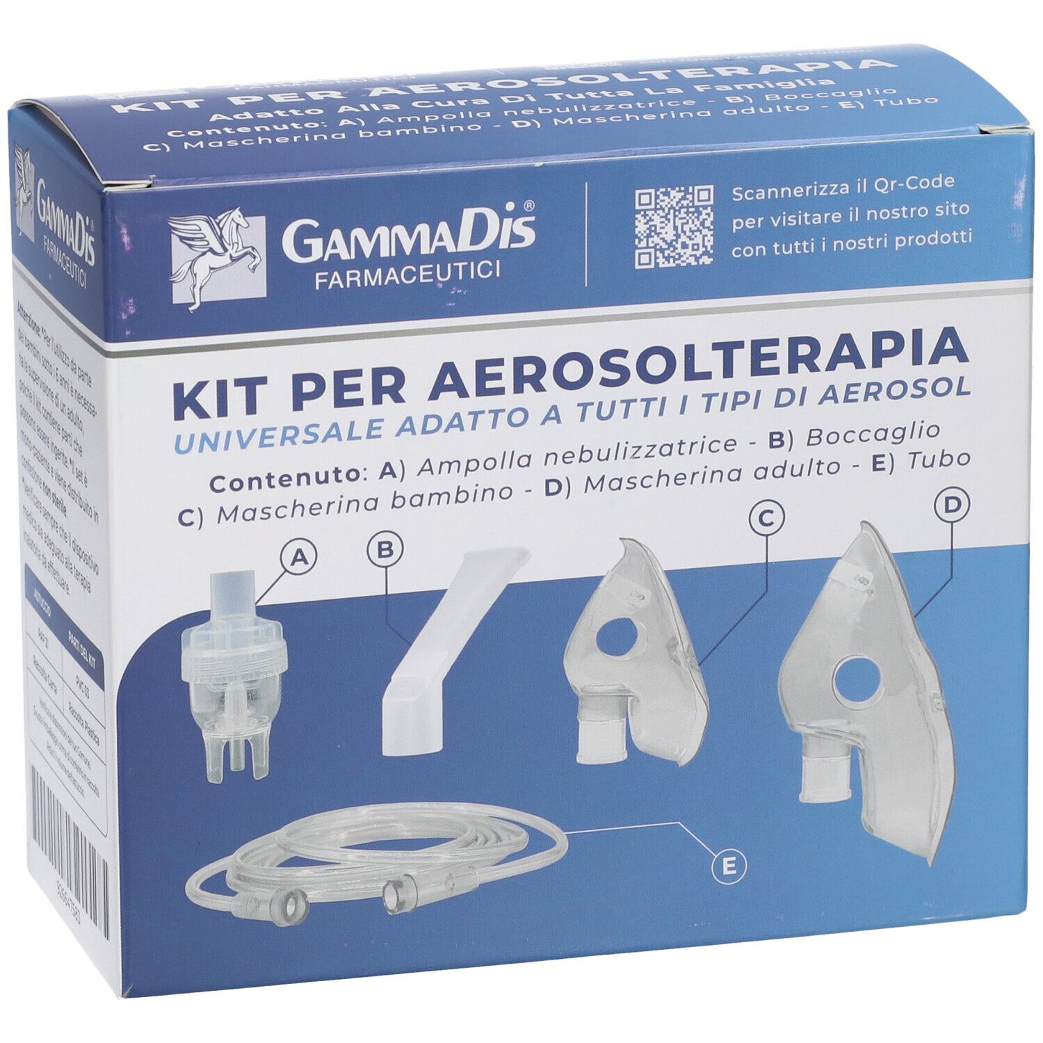 Scatola kit aerosol con componenti: nebulizzatore, boccaglio, maschera bambino, maschera adulto, tubo. Logo Gammadis.